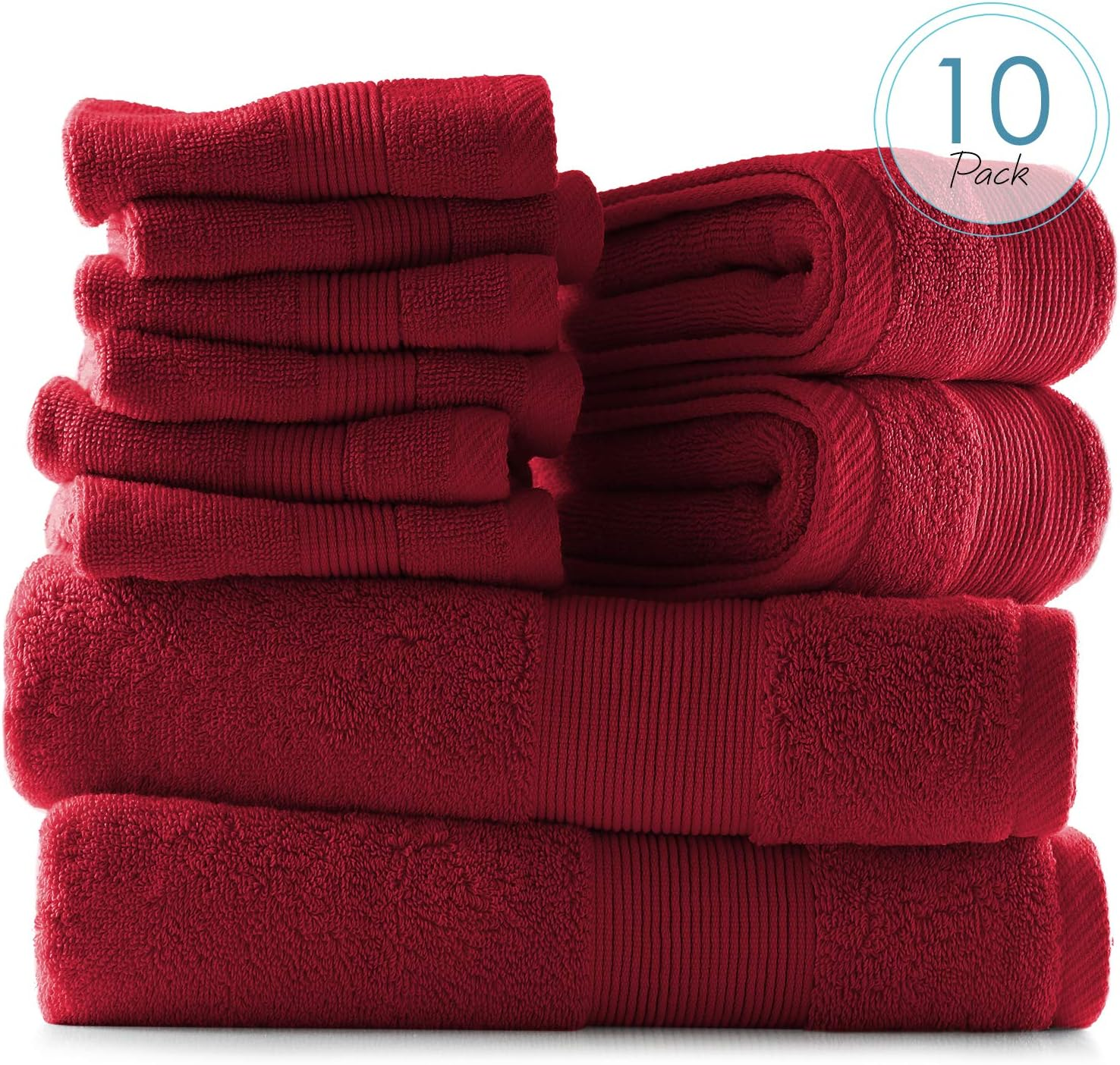 Hearth & Harbor Bath Towels for Bathroom - 100% Ring Spun Cotton Luxury Bathroom Towels - Soft & Highly Absorbent Bath Towels Set, 10 Piece Set (2 Bath Towels, 2 Hand Towels, 6 Washcloths) - Red image number 2