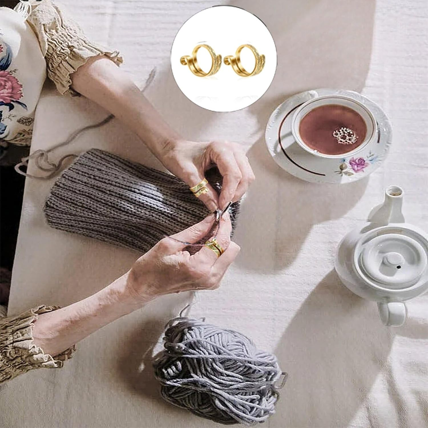 YUESUO Knitting Crochet Loop Ring for Fingers, Metal Adjustable Opening with Simple Pattern, Finger Yarn Guide, Braided Tail for Crochet (Gold, 2 Pack) image number 1