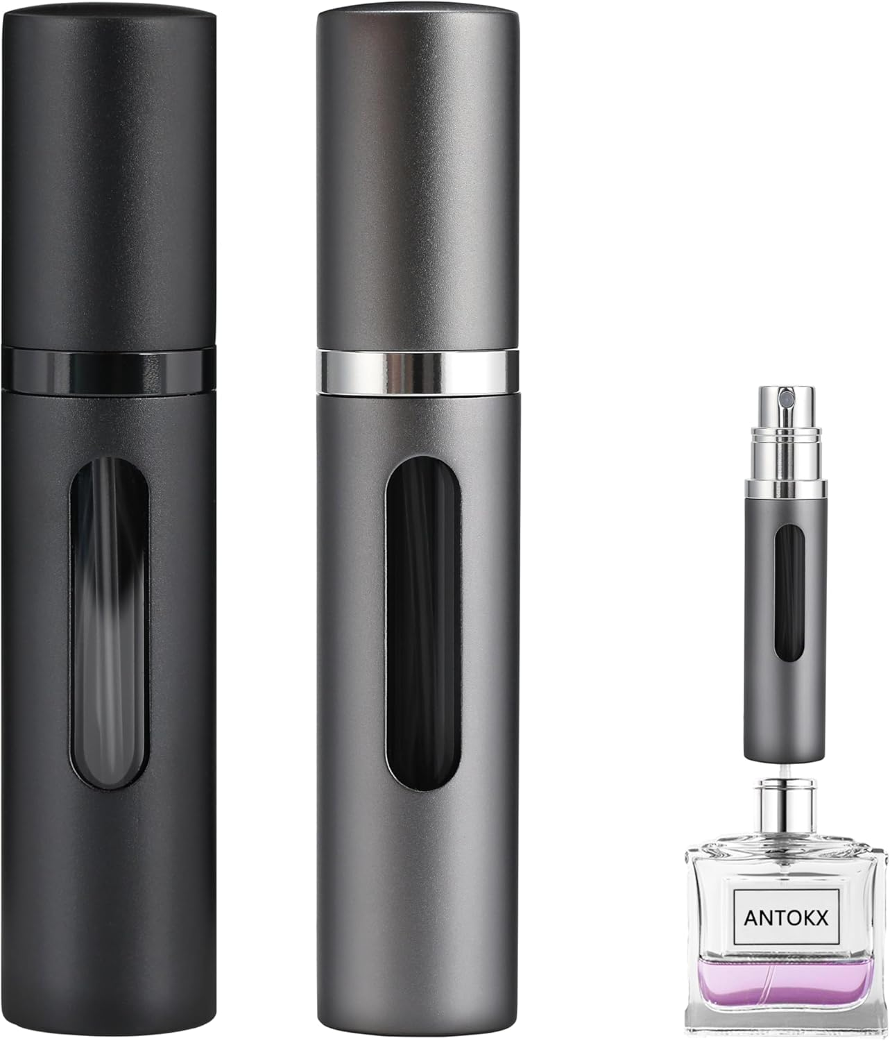 Travel Perfume Bottle Refillable Atomizer - 3-Pack 5ML ANTOKX Perfume Atomiser, Pocket Perfume Dispenser, Perfume Bottles Empty, Leakproof Perfume Sprayer for Women and Men (Black & Grey & Gold)
