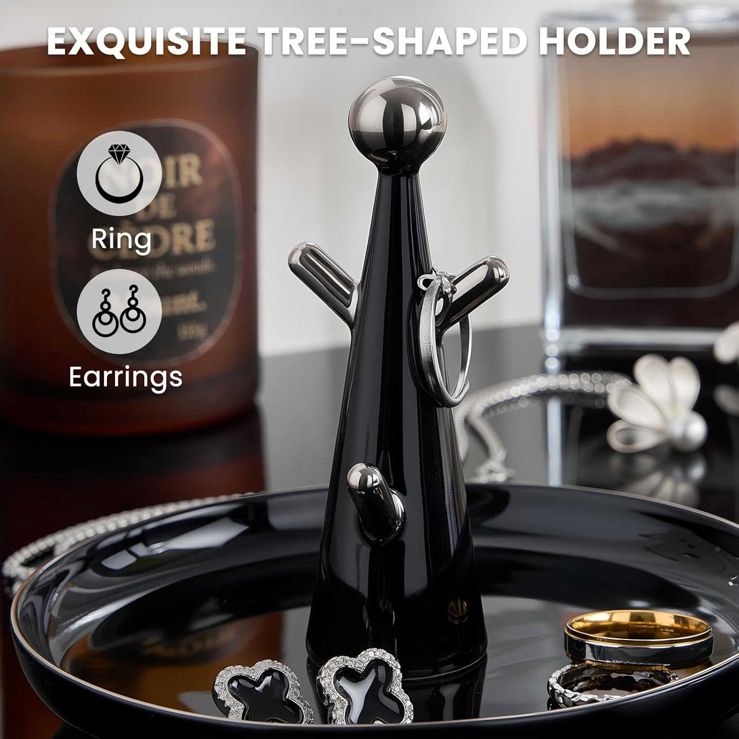 Lolalet Ceramic Ring Dish Holder, Tree-Shaped Trinket Tray for Rings Earrings Necklaces Jewelry Decorative Plate Present for Birthday Wedding Engagement -Black image number 5