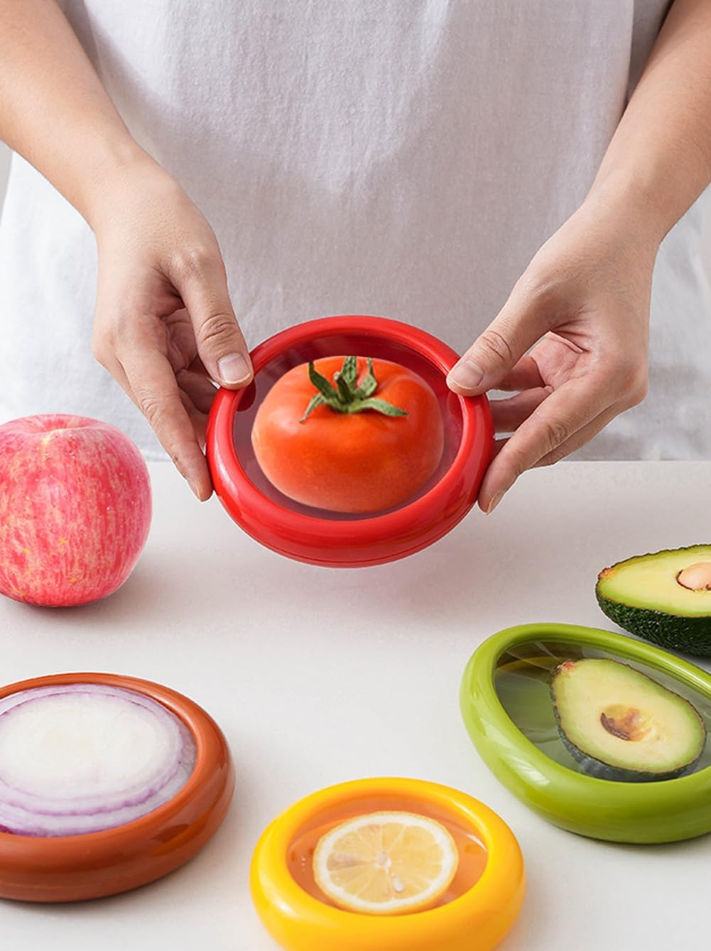 YC-GREHUN Fruit & Vegetable Crisper Reusable Fruit & Vegetable Storage Box Avocado Onion Tomato Lemon Leak Proof Crisper with Lid for Refrigerator (Set of 4)