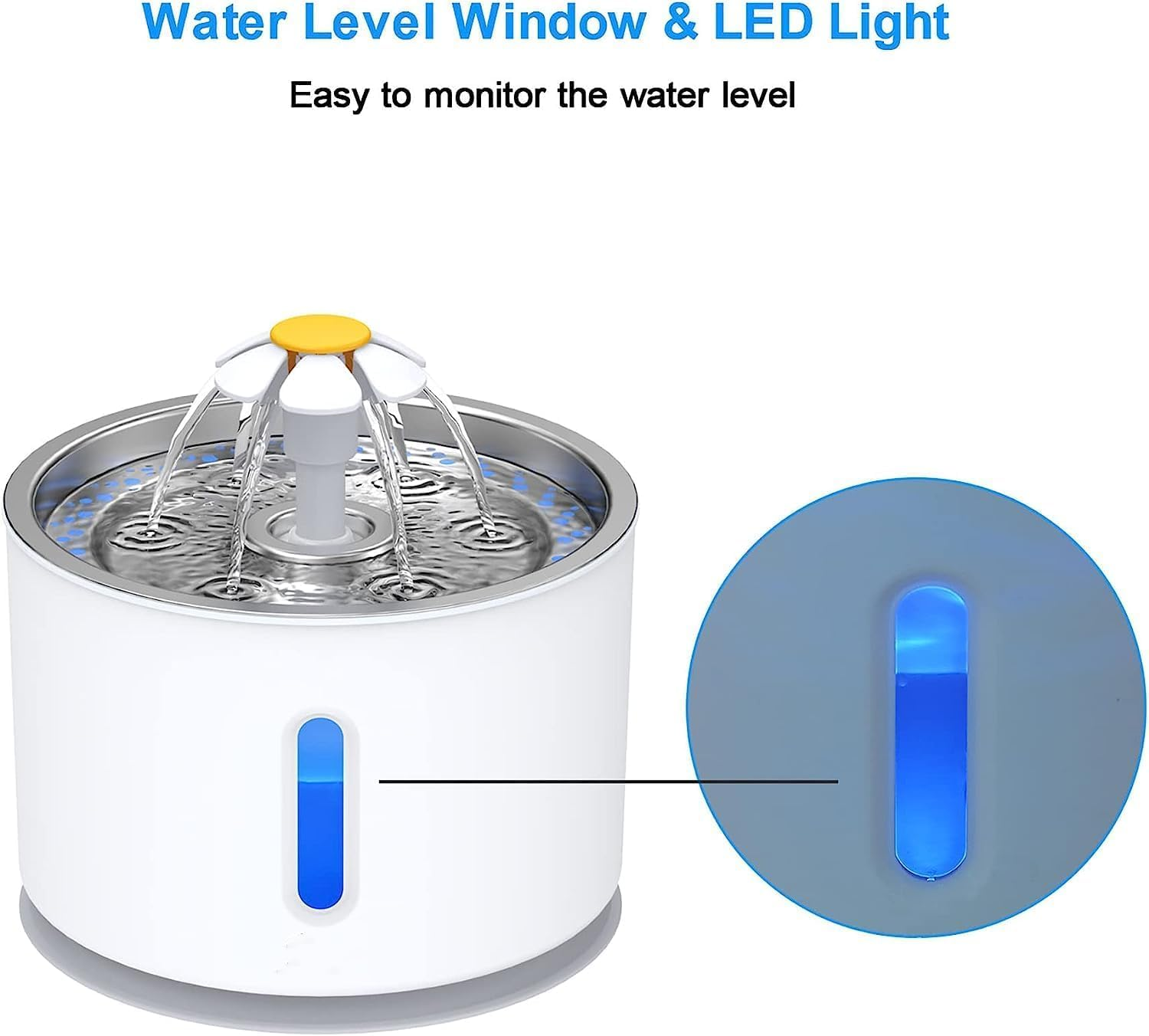 Cat Water Fountain Stainless Steel, 81Oz/2.4L Cat Fountain with Water Level Window and LED Light for Water Shortage Alert, Cat and Dog Fountain with 1 Filters (Grey, Large) image number 4