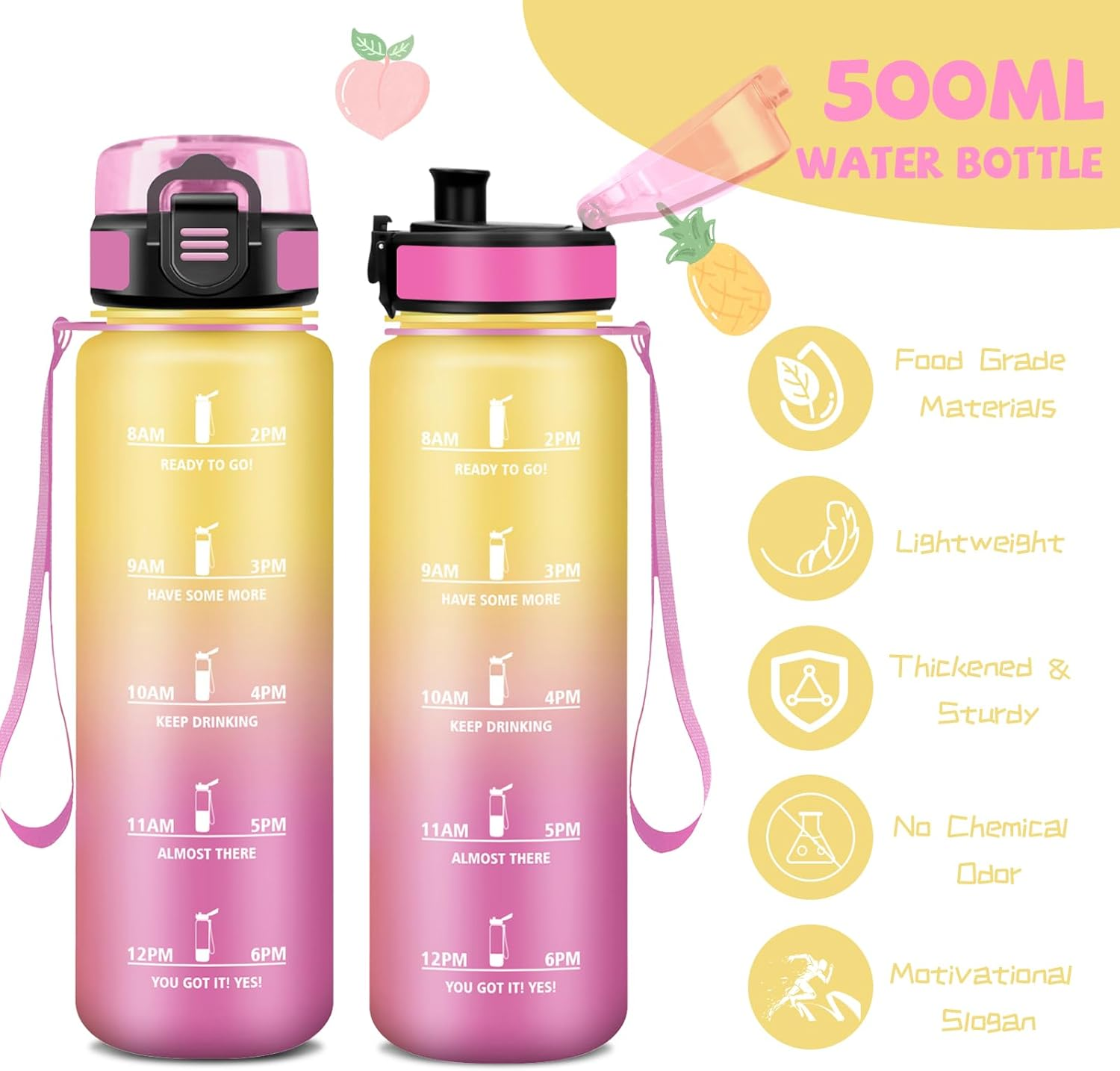 Water Bottle, 500 Ml Children'S Water Bottle, Easy to Clean, Water Bottle with Time, Water Bottle with Time Marking, Leak-Proof, Adult Drinking Bottle for School, Camping, Outdoor image number 2
