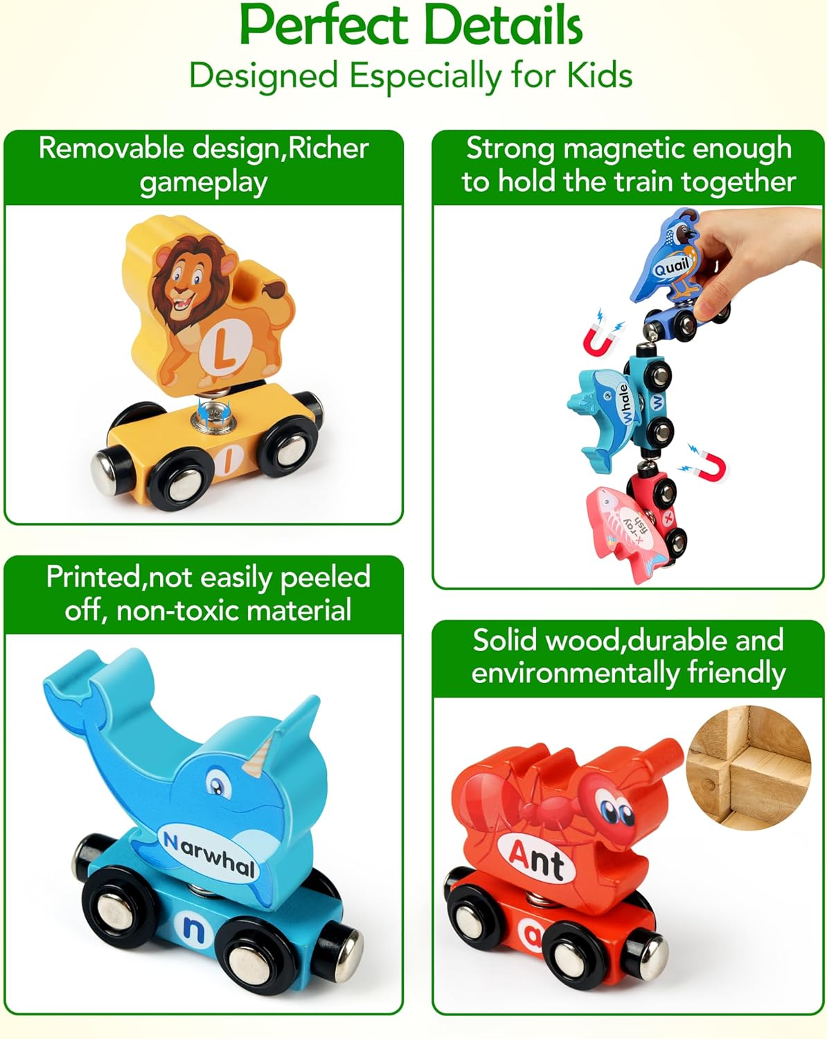 Vanmor Wooden Train Set, Snap-Connection Animal Trains, STEM Take Apart Animal Play Set, Toddler Matching and Magnetic Alphabet Train Learning Toys for Kids Ages 3-5 image number 5