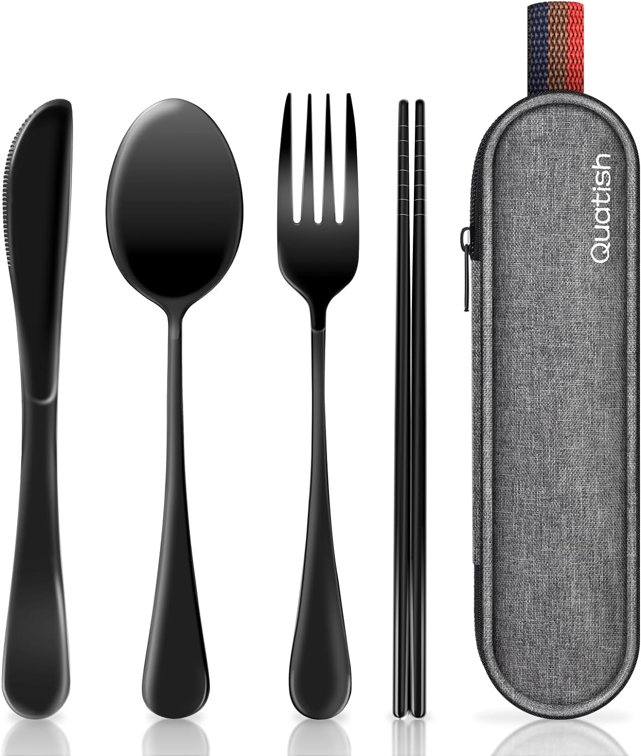 Travel Utensils with Case, Quatish Portable Utensil Set for Work, Stainless Steel Reusable Travel Cutlery Set, Spoon and Fork Set for Camping, Picnic, Gadgets, Men Lunch Box, Rainbow