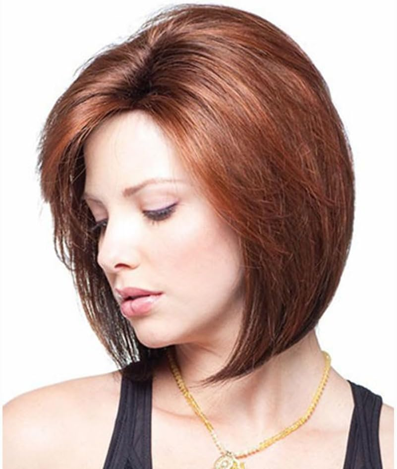 AUBWIG Short Bob Reddish Brown Straight Hair Wigs Shoulder Length Straight Side Bangs Synthetic Fibre Heat Resistant Hair for Women (Red-Brown) image number 3
