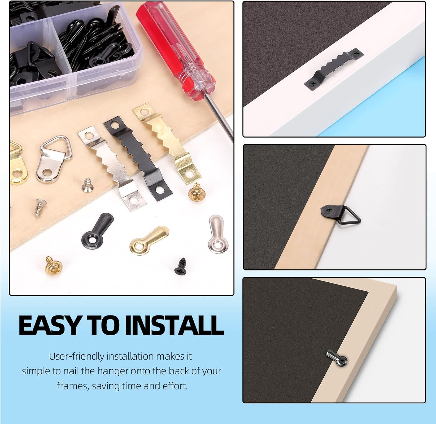 Glarks 401Pcs Silver Picture Hanging Kit, Include 50Pcs Sawtooth Picture Frame Hangers, 50Pcs Frame Turn Buttons, 50Pcs D Ring Picture Hangers, 250Pcs Screws and 1Pcs Screwdriver for Hanging Photo image number 4