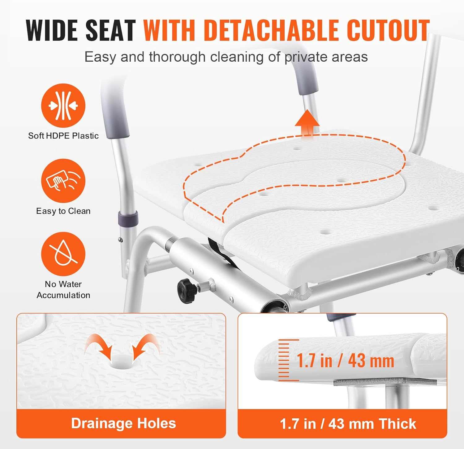 VEVOR Sliding Tub Transfer Bench, Height Adjustable Bathtub Transfer Bench with Cut-Out Seat, Reversible Backrest & Safety Belt, Non-Slip Shower Chair for Elderly Disabled Handicap, 400LBS Capacity