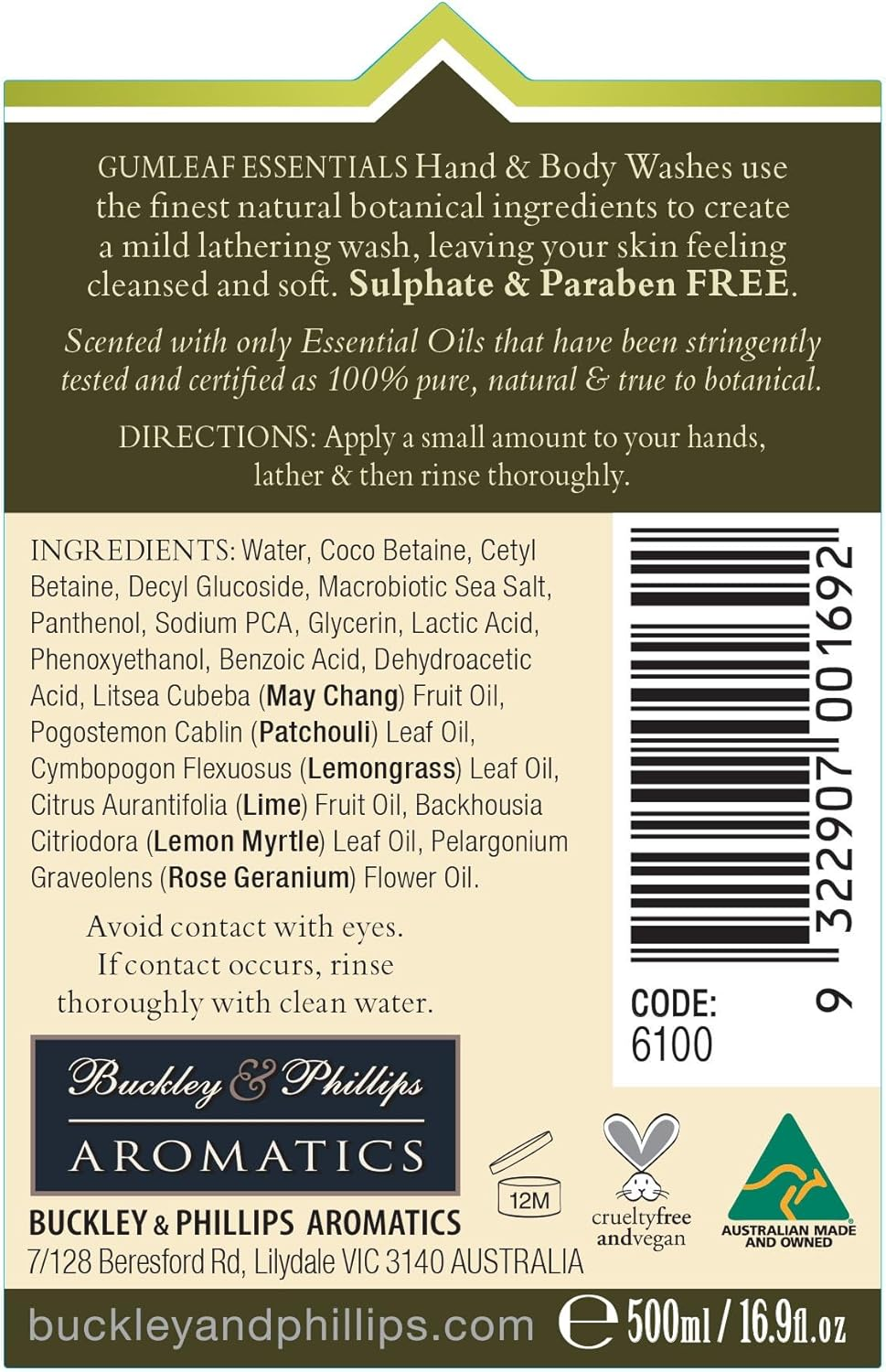 Gumleaf Essentials Indulgence Hand & Body Wash - 500Ml, Australian Made & Owned, Cruelty Free & Vegan, 100% Pure & Natural