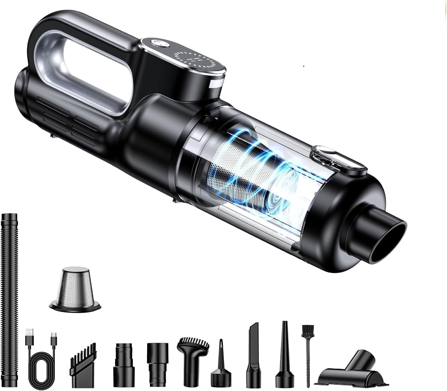 Car Vacuum High Power Scution - 25000Pa 2 in 1 Vacuum Cleaner&Air Duster, 130W Brushless Motor Handheld Vacuum Cordless with 7800Mah Battery, LED Light, Multi-Nozzles for Car, Home, Office (Black) image number 5