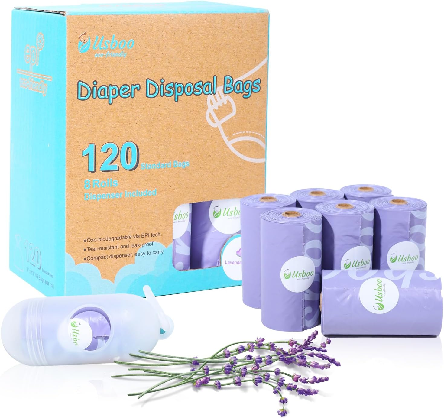 Disposable Diaper Bags for Baby | 8 Refill Rolls (120 Pack) | Lavender Scented | Baby Poop Bags with Dispenser | Essential for Travel and Quick Change on the Go image number 6