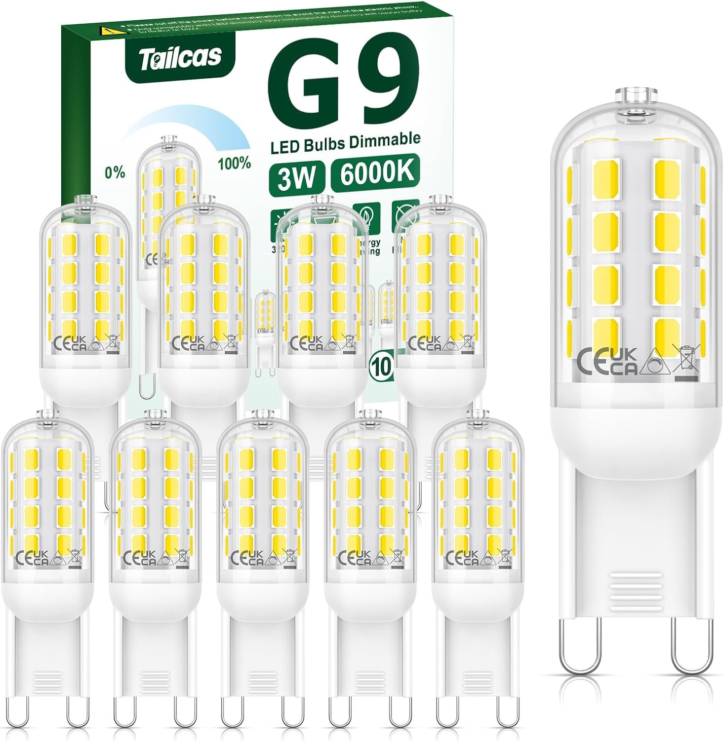 Tailcas G9 Dimmable LED Bulb, 3W G9 6000K Cool White Equivalent to 30W Halogen, 320LM Flicker-Free, for Bedroom, Living Room, Kitchen, 360 Degree Angle AC 220-240V, Pack of 10