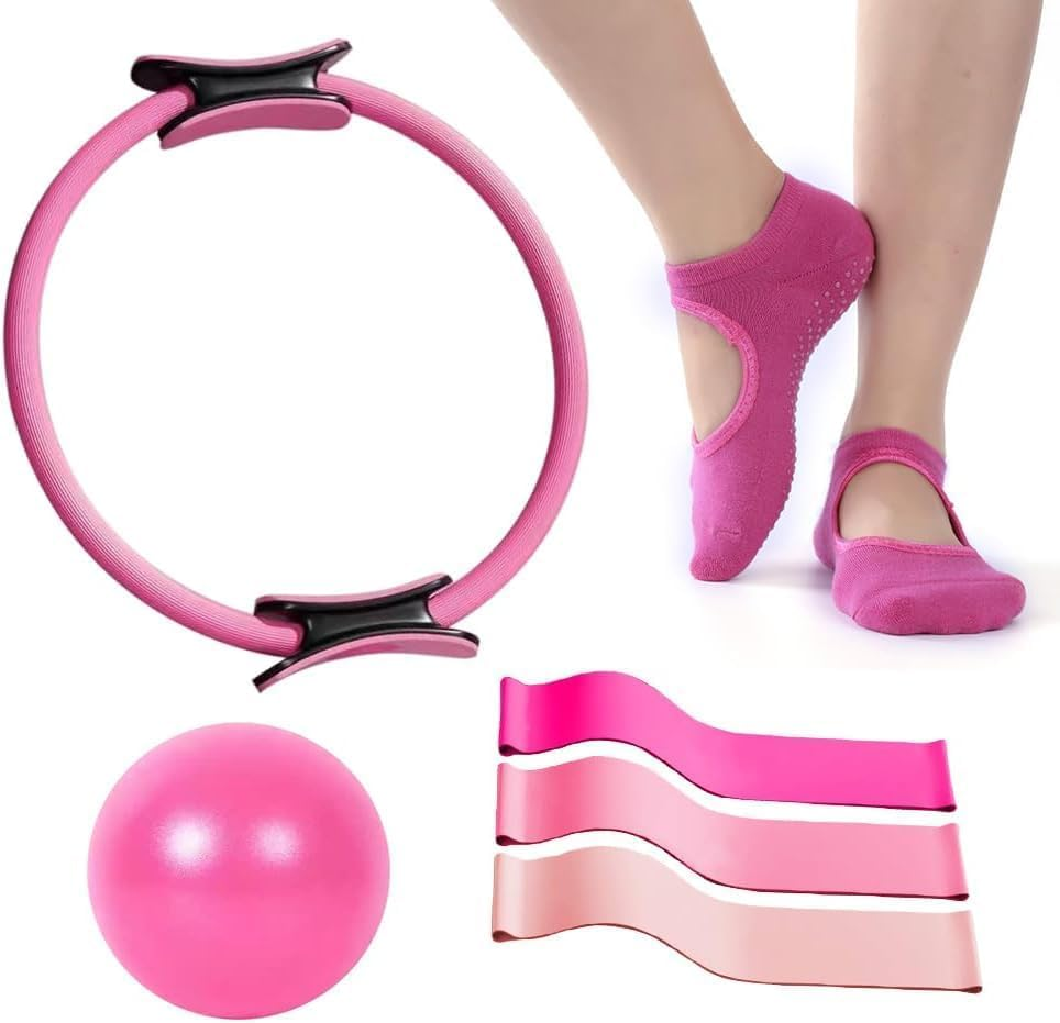 Pilates Ring and Ball Set, 6 Pcs Home Pilates Kit with 13&rdquo; Circle Circle Yoga Ring 3 Resistance Bands 9.8&rdquo; Ball Grip Socks, Essential Kit for Women Girl Home Workouts image number 2