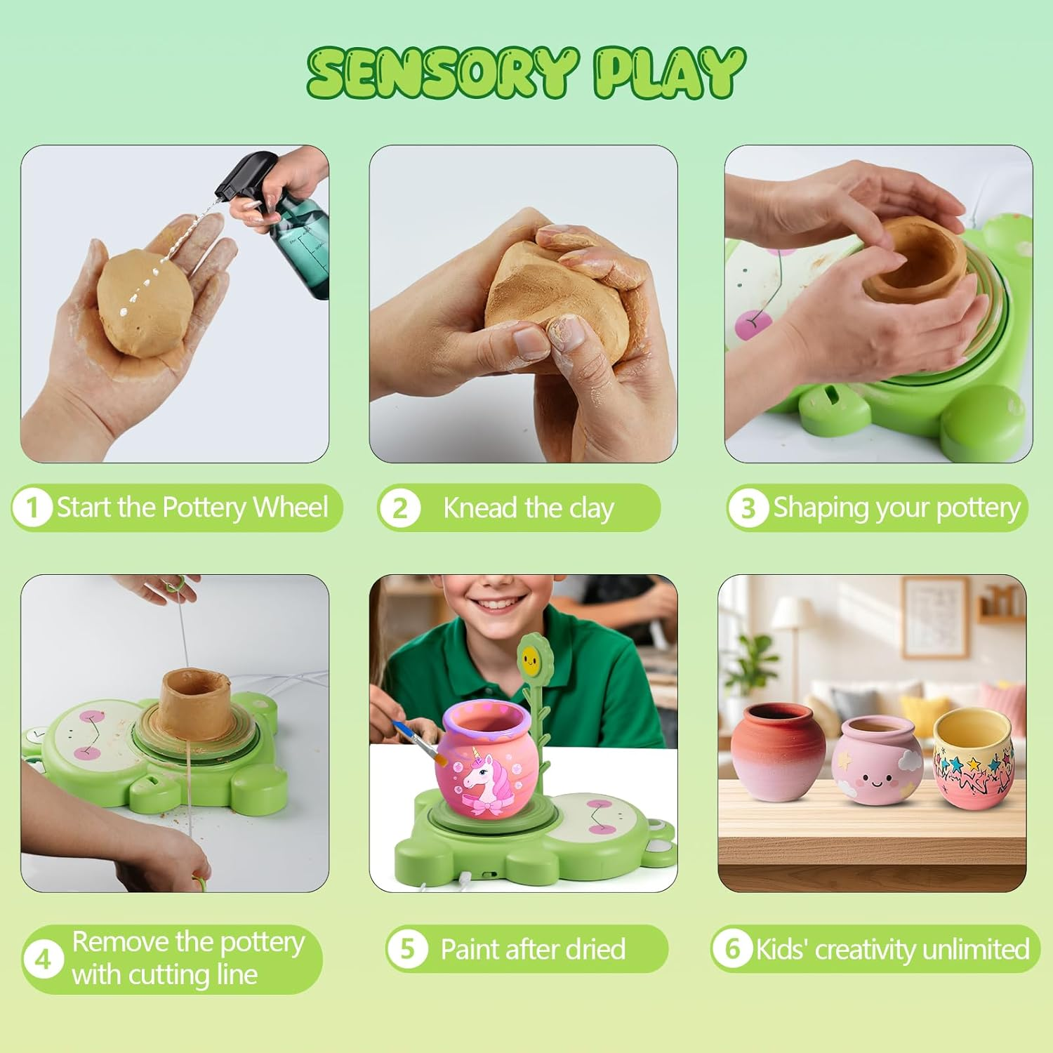 Pottery Wheel for Kids- Complete Pottery Arts and Crafts for Kids Ages 8-12, Pottery Studio Kit with Air-Dry Clay*3, Fluorescent Water Painting, Christmas Birthday Gifts Toys for Boy Girls Age 6 7 8 + image number 4