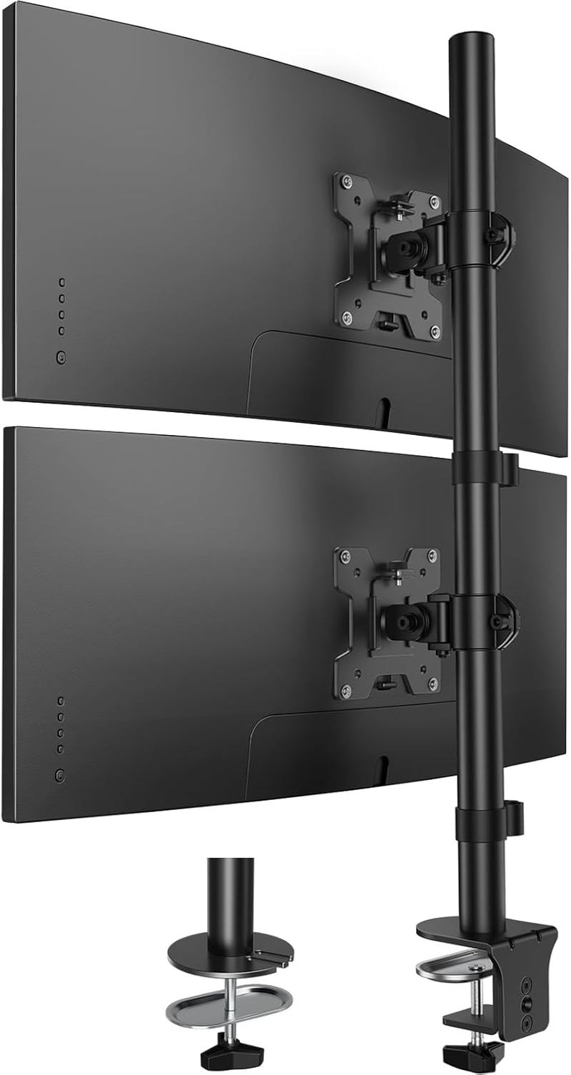 HUANUO Vertical Dual Monitor Mount, Stacked Monitor Stand for 2 Monitors with Height Adjustment Computer Monitor Arm Supports Two 17 to 32 Inch with C Clamp Each Desk Mount Hold up to 17.6Lbs