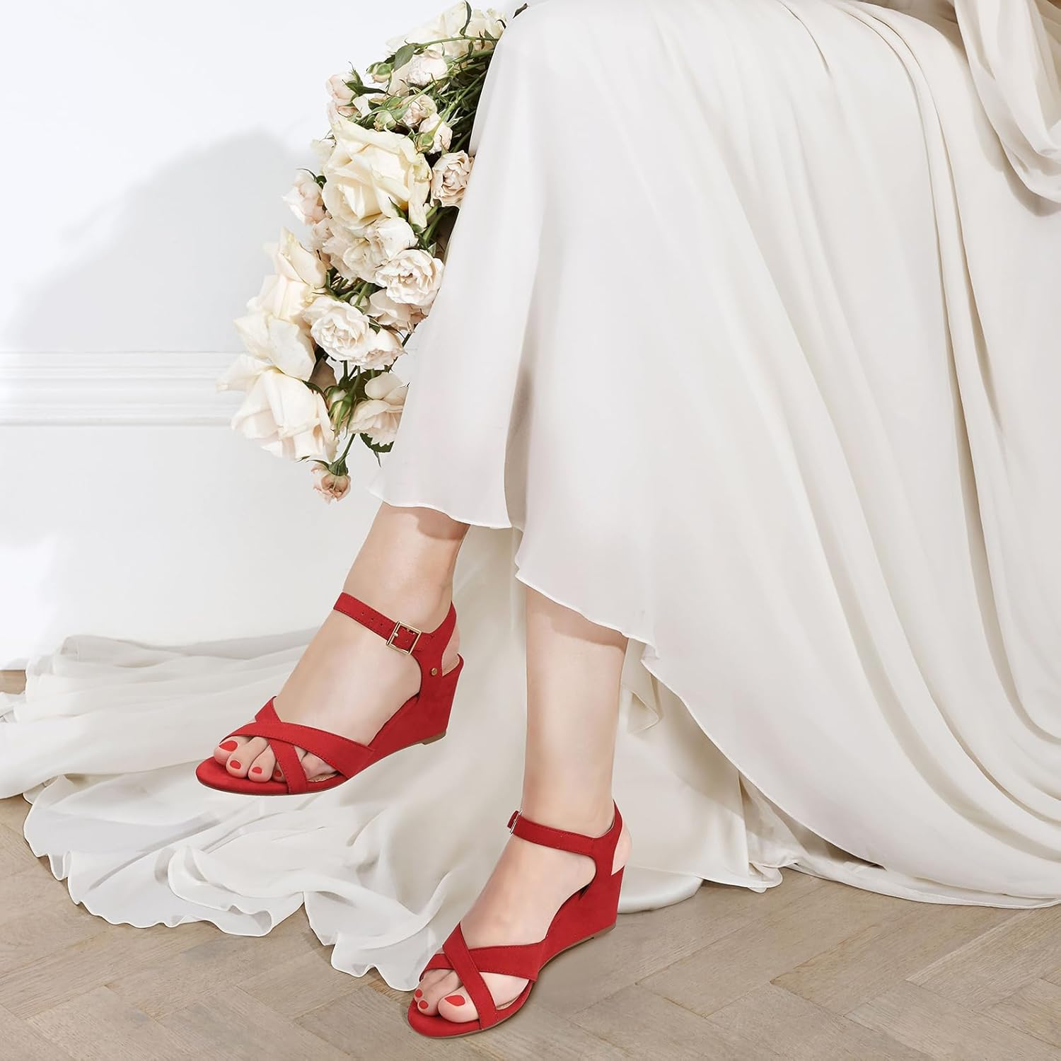 PIZZ ANNU Women'S Wendy Low Wedge Sandals Ankle Strap Espadrille Open Toe Casual Summer Women Wedge Heels Shoes