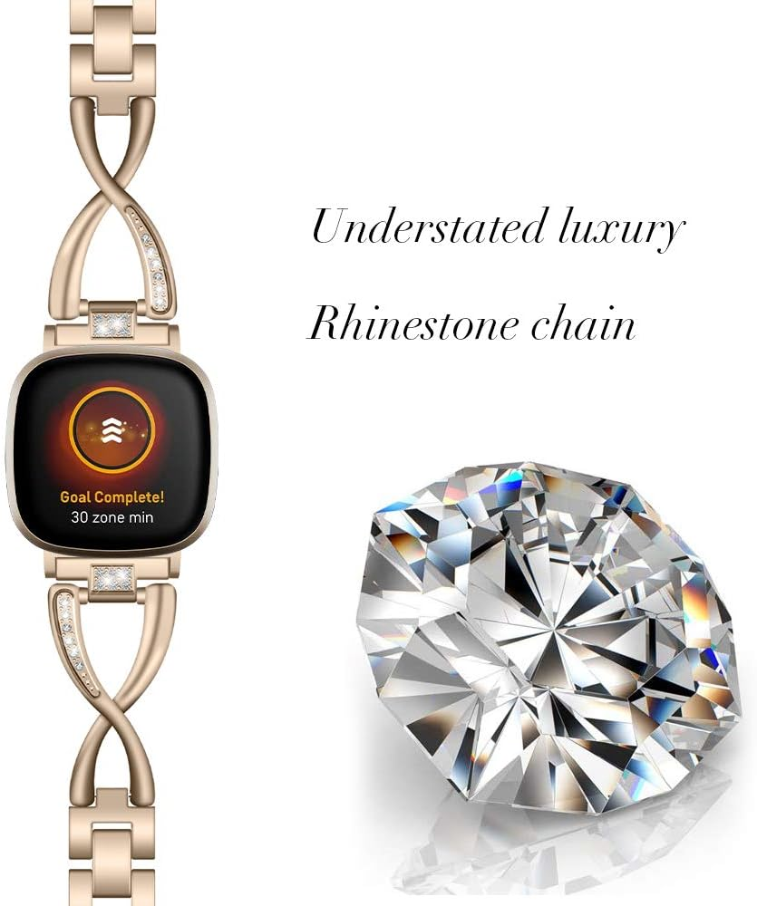 Turnwin Intended for Fitbit Versa 3 & Sense Bands, Bling Chain Crystal Stainless Steel Solid Metal Adjustable Versa 3 Replacement Watch Band Wristband Strap Bracelet Intended for Versa 3 and Sense Bands Fitness Tracker (Silver-Gold) image number 4