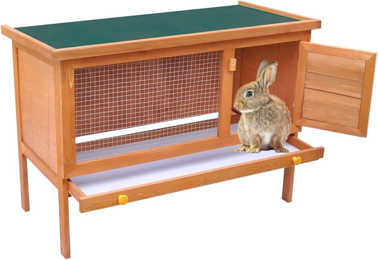 Elevated Wooden Rabbit Hutch, Indoor/Outdoor Bunny Cage with Weatherproof Green Asphalt Roof,Slide Bolt Latch and Removable Tray for Rubbit,Guinea Pig,Hamster (Wood, 90L X 45W X 65H) image number 1