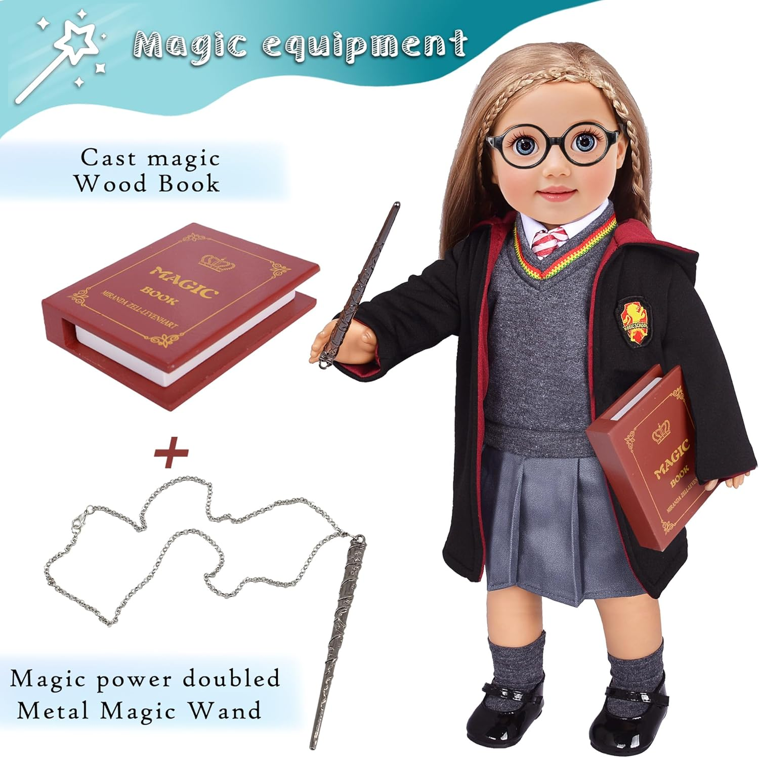 Ebuddy 10Pc/Set Hermione Inspired Doll Clothes Outfits for 18 Inch American Girl Dolls Includes Shirt, Skirt, Sweater, Tie, Socks, Robe, Magic Wind, Imitate Book and Shoes Glasses - Set-2 image number 4