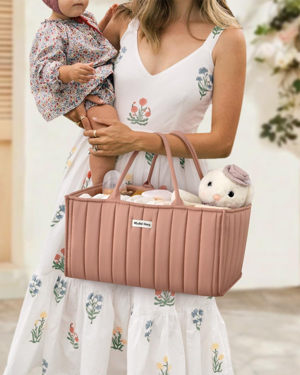 Blissful Diary Baby Nappy Caddy Organiser, Stylish Baby Diaper Caddy Storage Basket for Newborn Essentials and Diaper Station, Blush Pink - Sage Green image number 4