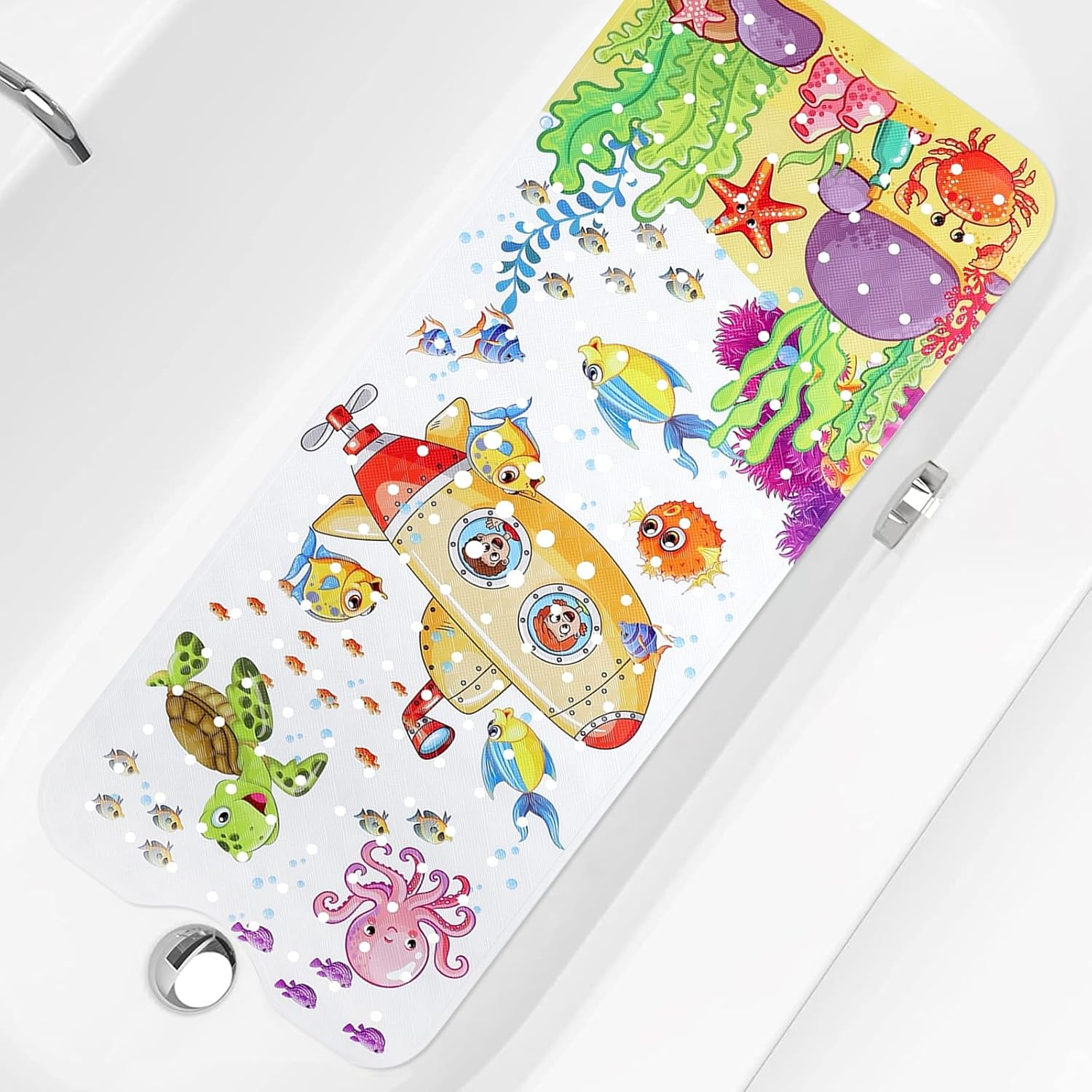 Baby Bath Mat Non Slip 40X16In Cute Cartoon Bath Mat with Suction Cup Drain Holes Machine Washable Shower Mat for Tub Bathroom Children (1, Style 3)