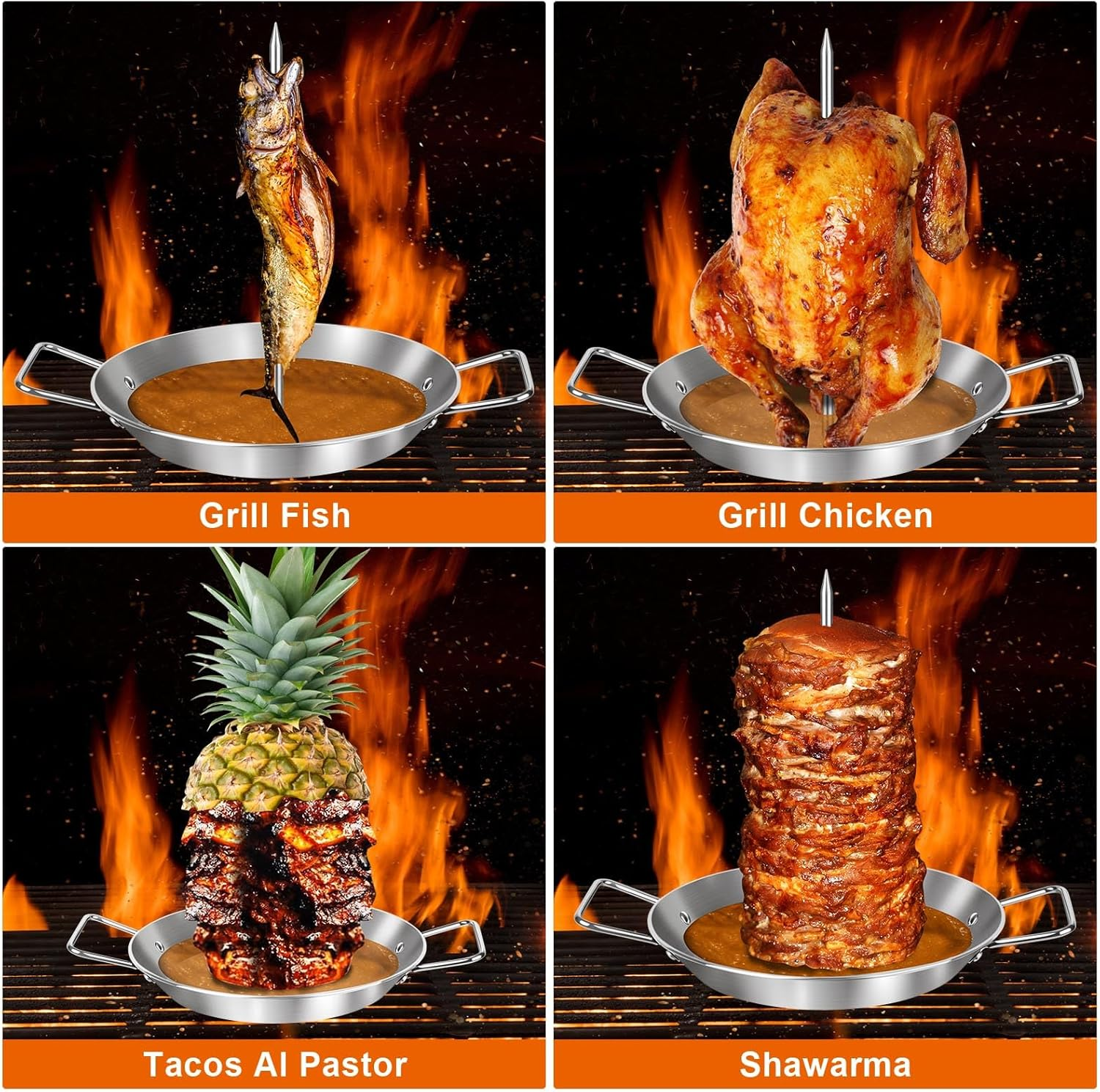 Al Pastor Skewer for Grill, 10 Inch Brazilian Spit Stand with 5 Spikes & 2 Brushes, Stainless Steel Vertical Sticks, Gyro Pan with Fat Separator for Tacos Al Pastor, Shawarma, Chicken on Smoker Oven image number 1