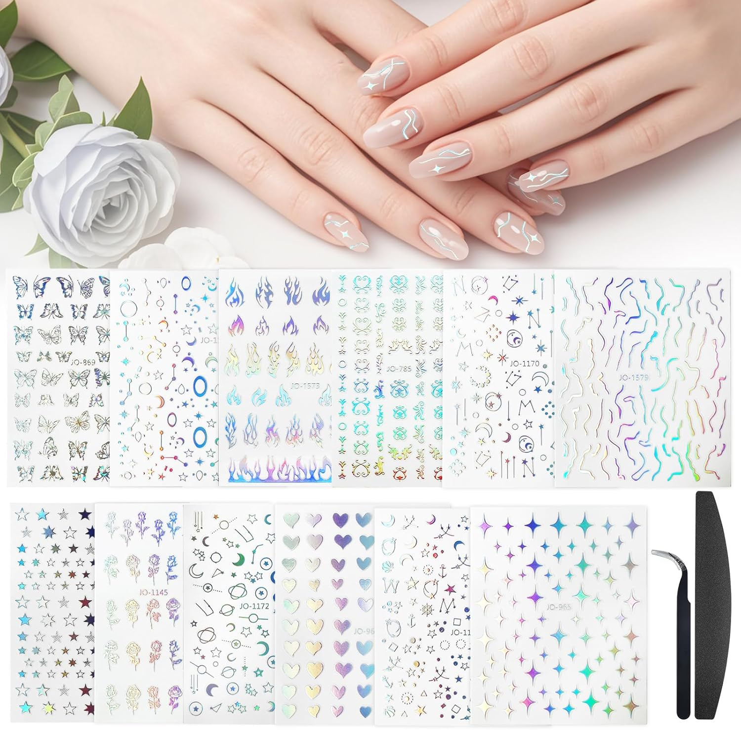 Bigqin 12 Sheets Nail Stickers 3D Aurora Silver Star Moon Planet Heart Nail Decor Water Resistant,Self Adhesive Nail Decals for Women Girl DIY Nail Design, Tweezers and Nail File Included