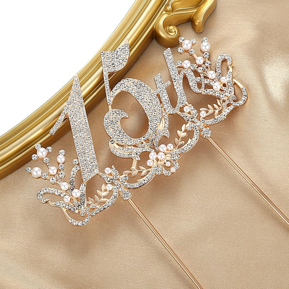 Lovelyshop Luxurious Diamond Gold Cake Topper for 15Th Birthday Celebrations and Quincea&ntilde;era-Large image number 5