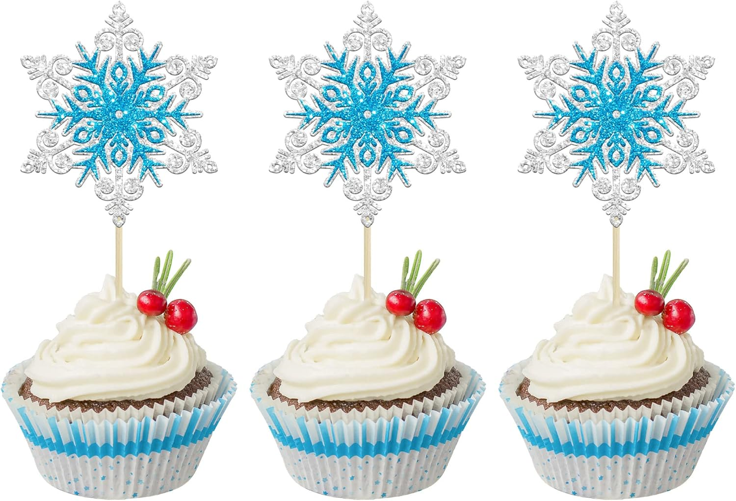 50Pcs Blue Edible Snowflake Cupcake Toppers Snowflakes Cake Topper Decorations for Christmas Winter Holiday Frozen Theme Babyshower Birthday Wedding Party Supplies