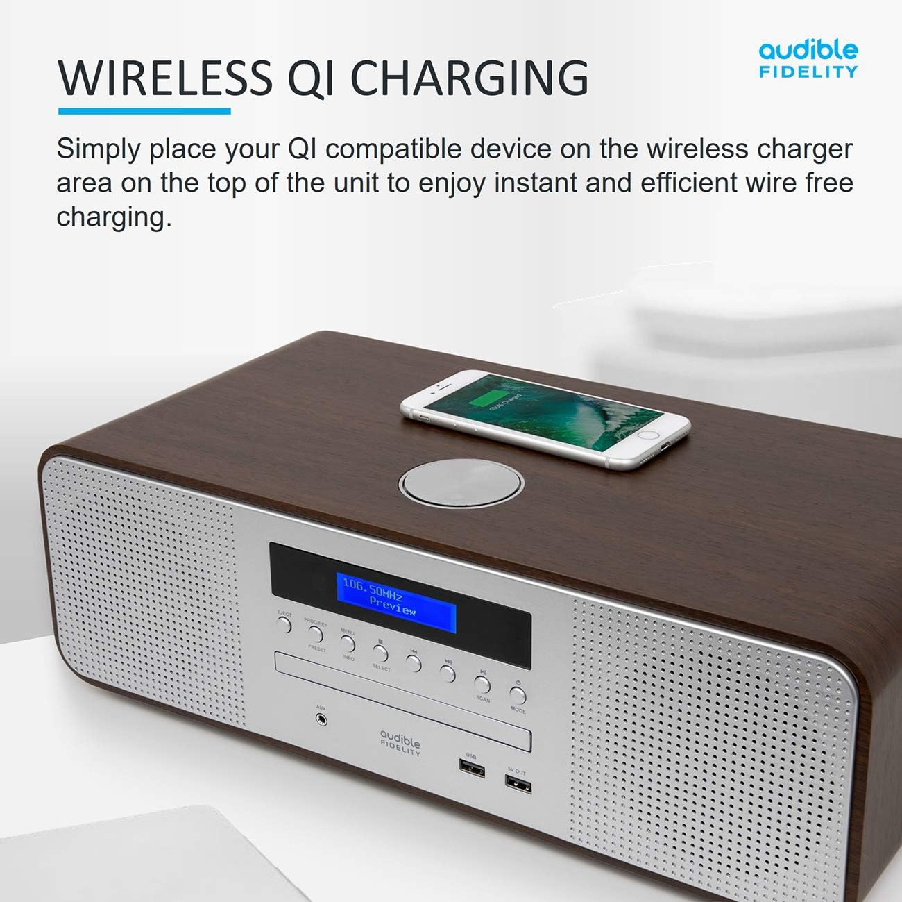 AUDIBLE FIDELITY Complete Hi-Fi DAB/DAB+ Stereo System CD Player with Speakers, Wireless Charging & USB Charging, Bluetooth, MP3 Playback, FM & Digital Radio with Remote Control image number 2