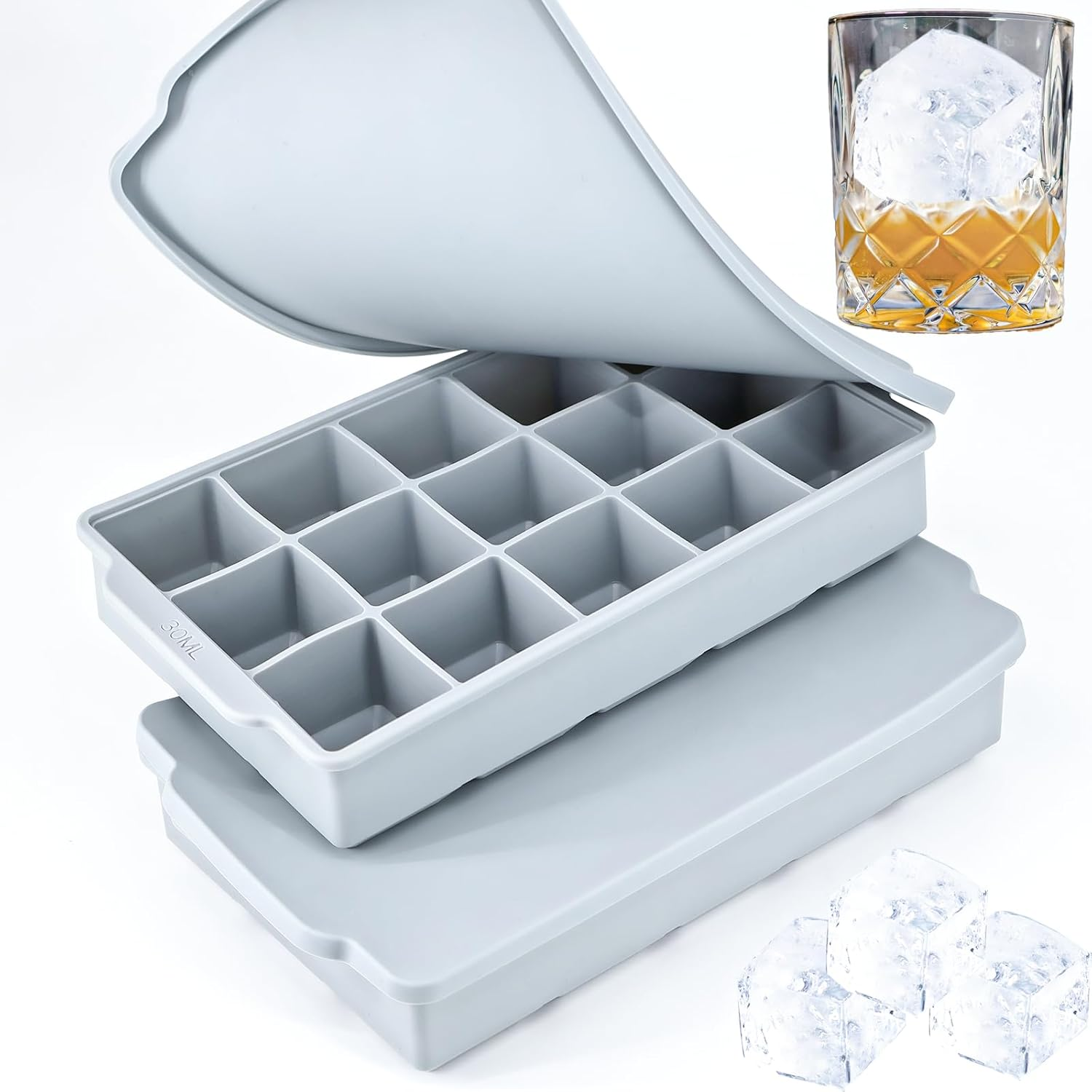Silicone Ice Cube Tray with Lid &ndash; Set of 2 Ice Cube Molds, Making 30PCS Square Ice Cube for Whiskey Cocktails Bourbon Soups Frozen Treats, Easy Release BPA Free image number 1