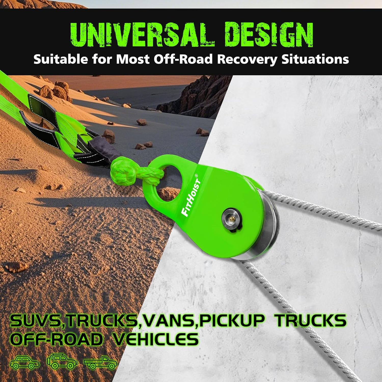 FITHOIST Offroad Recovery Kit, Snatch Block Pulley 10 Ton and Tree Saver Strap 3" X8' and 2Pc Soft Shackle 1/2"X22", Winch Accessories for Car Truck SUV ATV image number 5