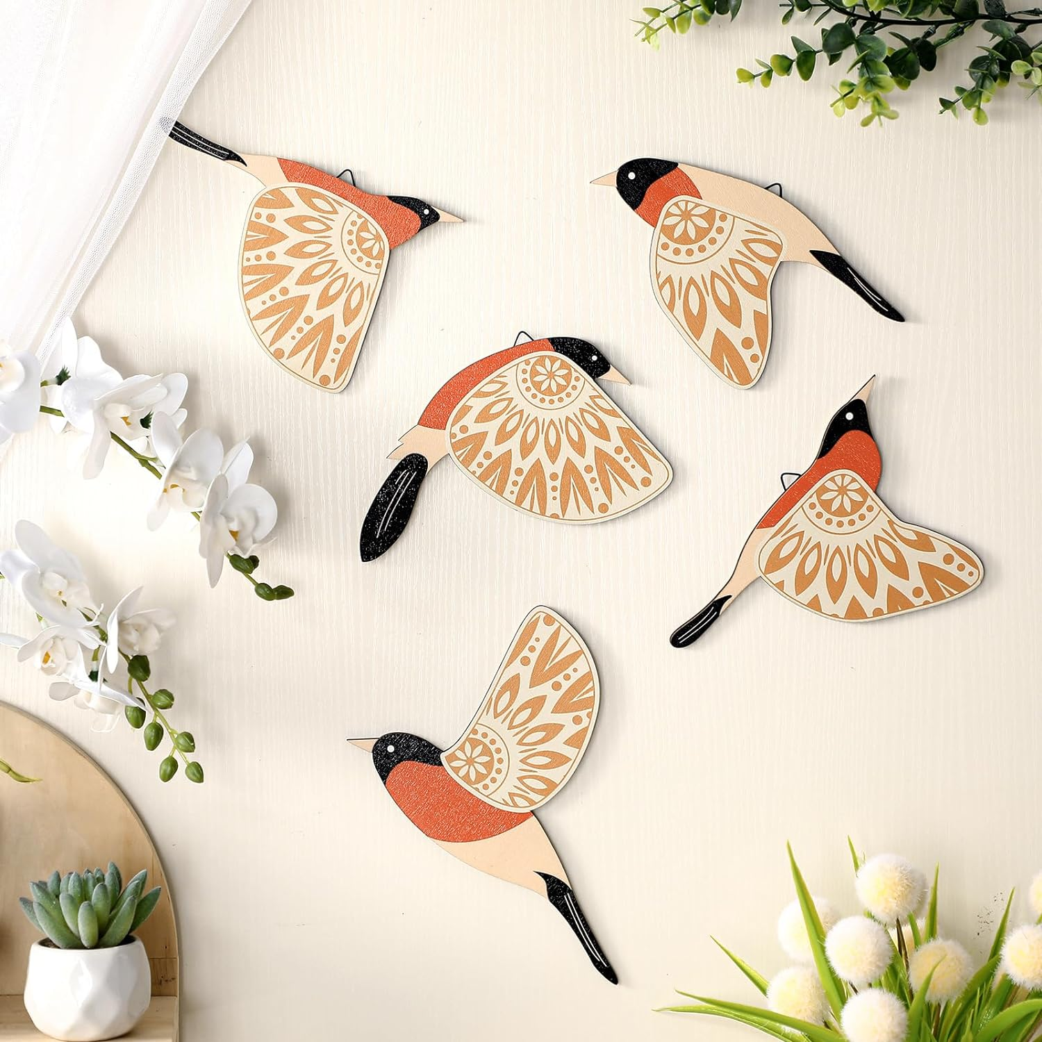Barydat 5 Pcs Wooden Bird Wall Art Wood Flying Birds Wall Decor Rustic Folk Art Scandinavian Home Decor for Gift Living Room Bedroom Kitchen Office(Teal)