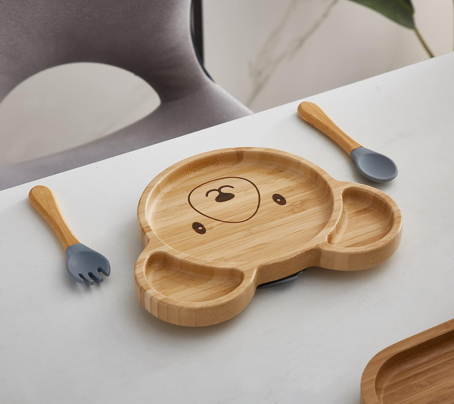 Bamboo Baby Silicone Suction Plate & Spoon Set for Toddler Kids Self Feeding - Wood Handled Spoon with Silicone Tips - Non-Slip Stay Put Divided Weaning Set for High Chair (Earthy Orange)