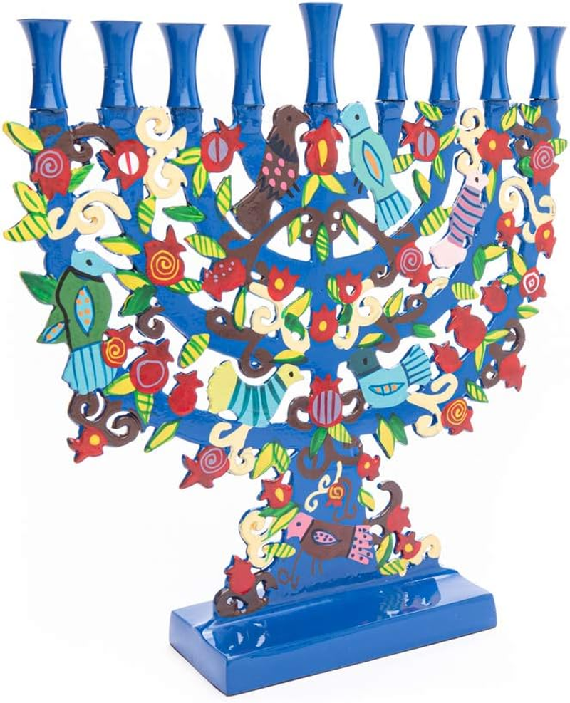 Yair Emanuel Large Blue Menorah with a Tree Design and Birds in Lazer-Cut Metal image number 1