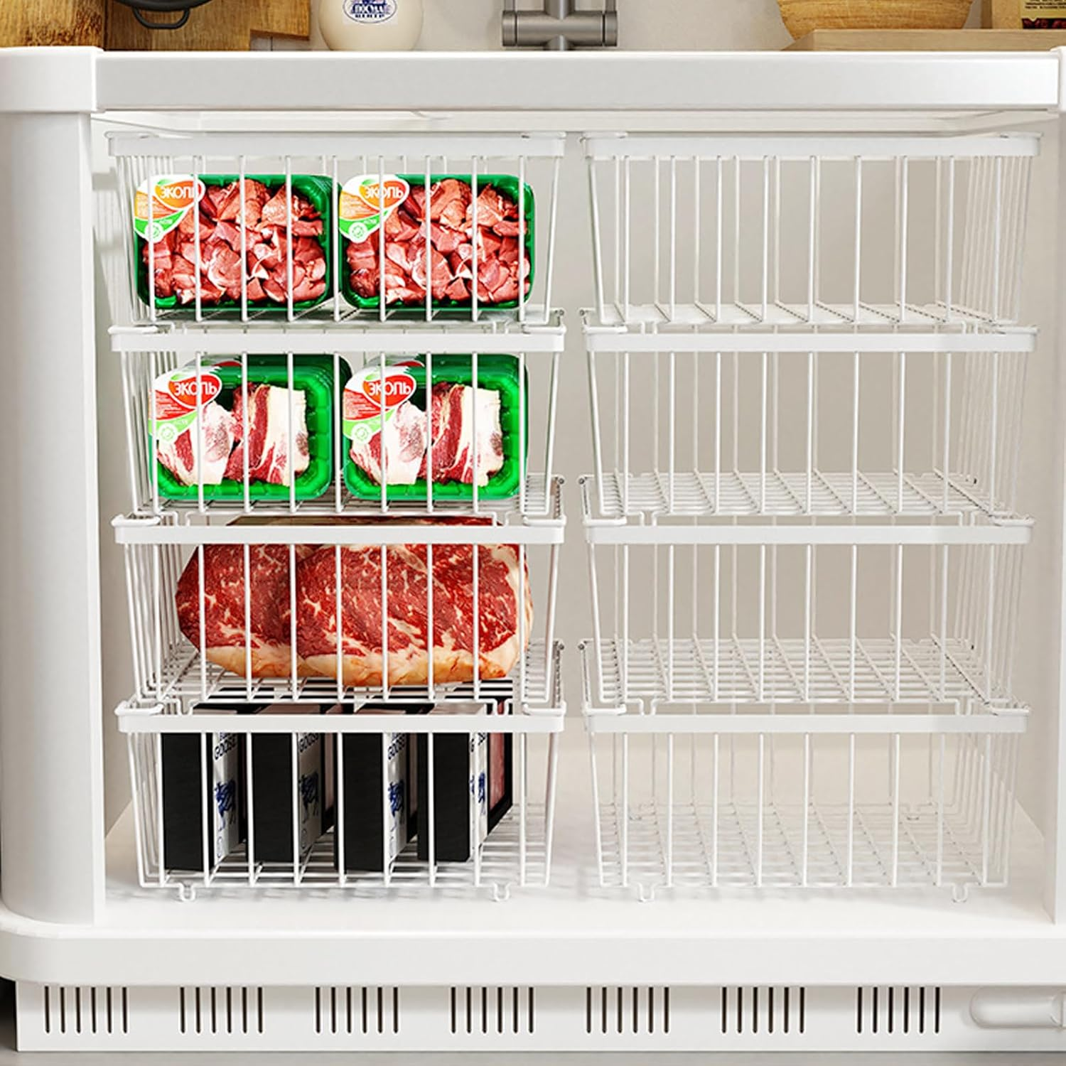 Freezer Organizer Bins, 6 Pack Stackable Deep Chest Freezer Organizer Bins with Folding Handles, Metal Freezer Storage Baskets, Ft Deep Freezer Storage, Increased Space for Food Storage (White) - Black image number 5