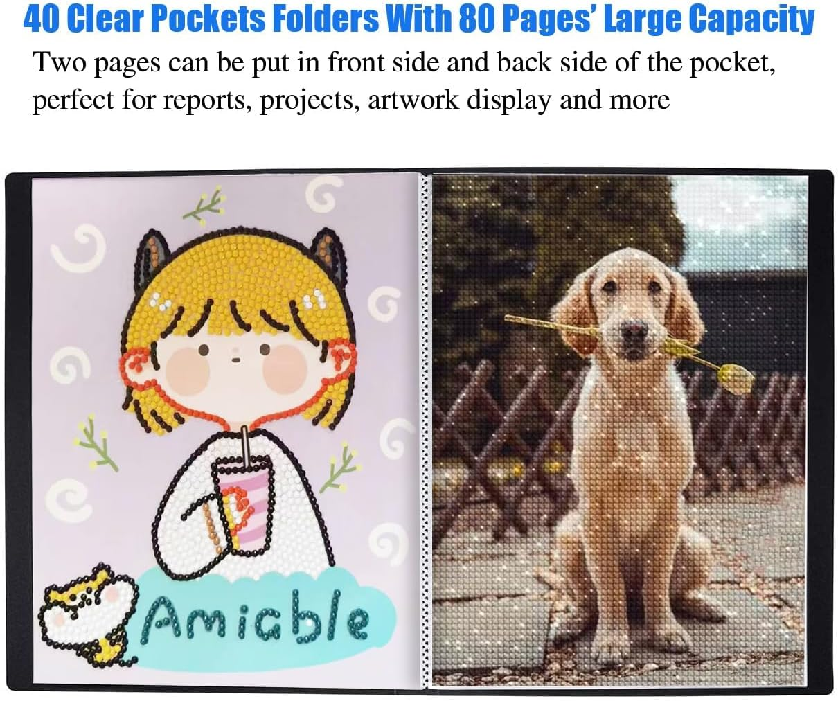 A3 Display Book Folder 40 Pockets Presentation Book with Clear Plastic Sleeves, 80 Views A3 Storage Book for Painting Artwork Portfolio, Black (43.5X32X2.8Cm) image number 5