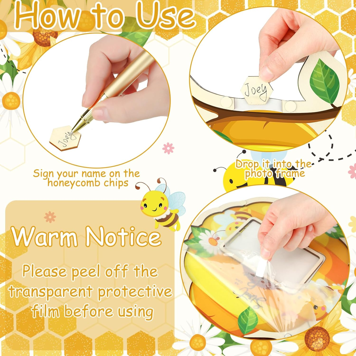 Wenqik 63 Pcs Bee Baby Shower Guest Book Alternatives Set Baby Shower Decorations with Photo Frame Sonogram Frame Keepsake 60 Wood Slices Guest Book for Birthday image number 3