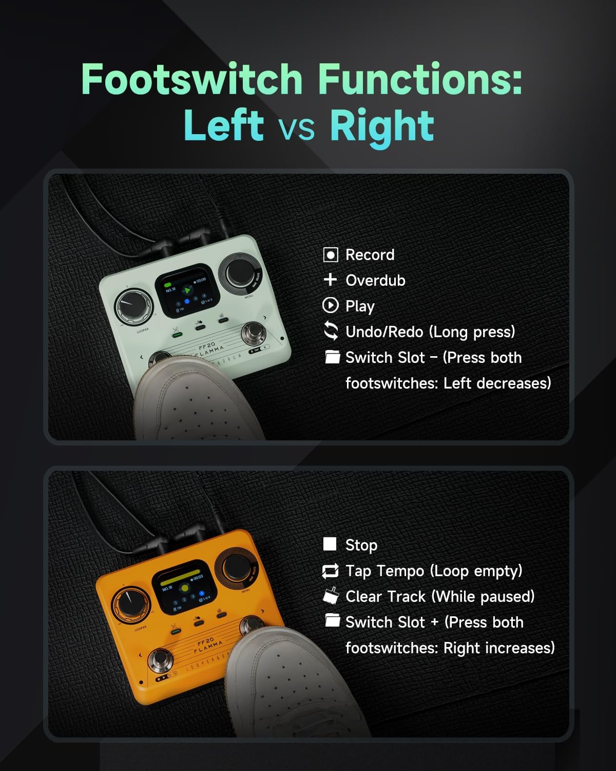 FLAMMA FF20 Looper Pedal Drum Machine, Drum Looper Guitar Pedal with Screen, 300 Min Recording, 220 Drum Grooves, 100 Loop Slots, Time Stretch, Auto Record, USB & Headphone Out, for Guitar and Bass image number 2