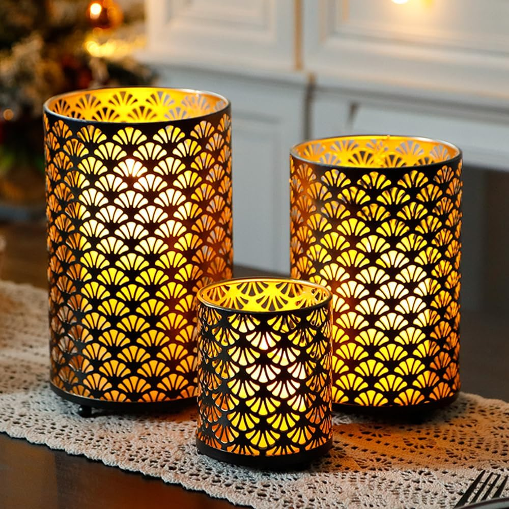 JHY DESIGN Set of 3 Metal Candle Holders Bronze Hurricane Pillar Candleholder Vintage Table Candlestick Holders Great Centerpieces for Home Decor Wedding Parties Events image number 2