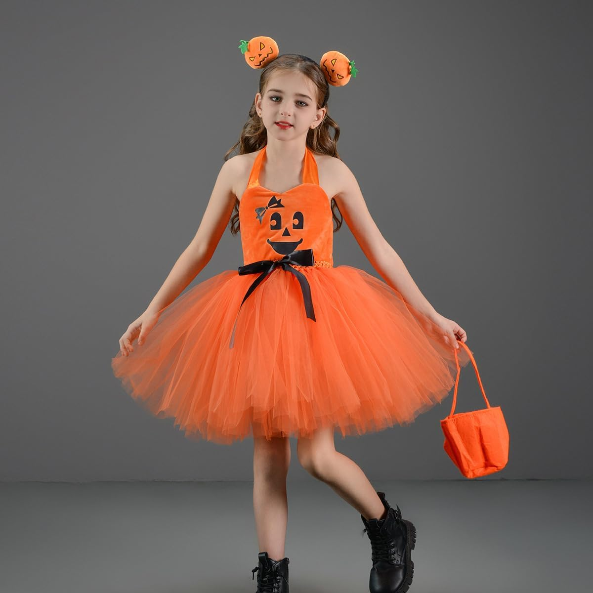 IDOPIP Halloween Pumpkin Costume for Kids Girls Princess Party Dress up Cosplay with Headband and Bags for Photo Shoot 2-12T image number 6
