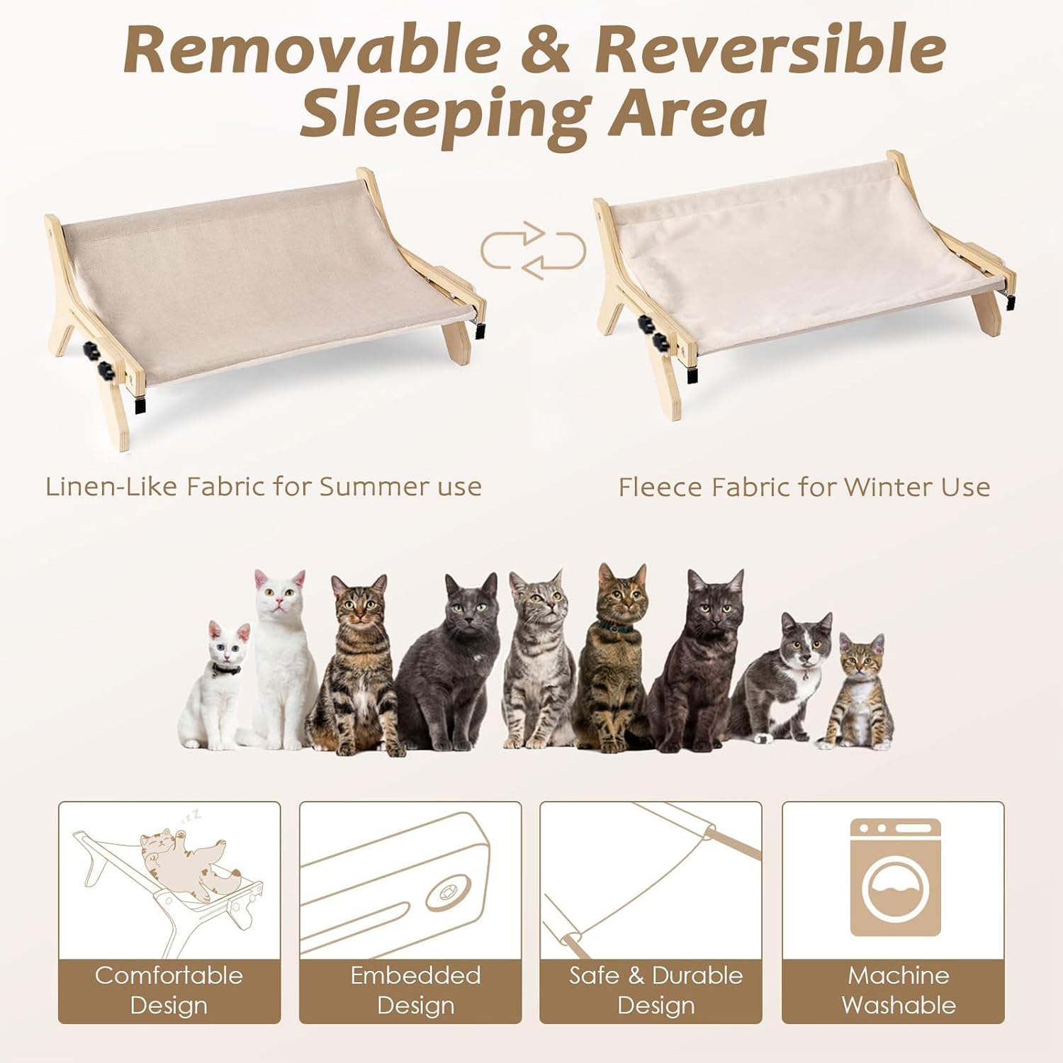 Cat Sill Window Perch Hammock Window Seat with Cushion Bed Cover, Wood & Metal Frame for Large Cats, Easy to Adjust Cat Bed for Windowsill, Bedside, Drawer and Cabinet image number 2