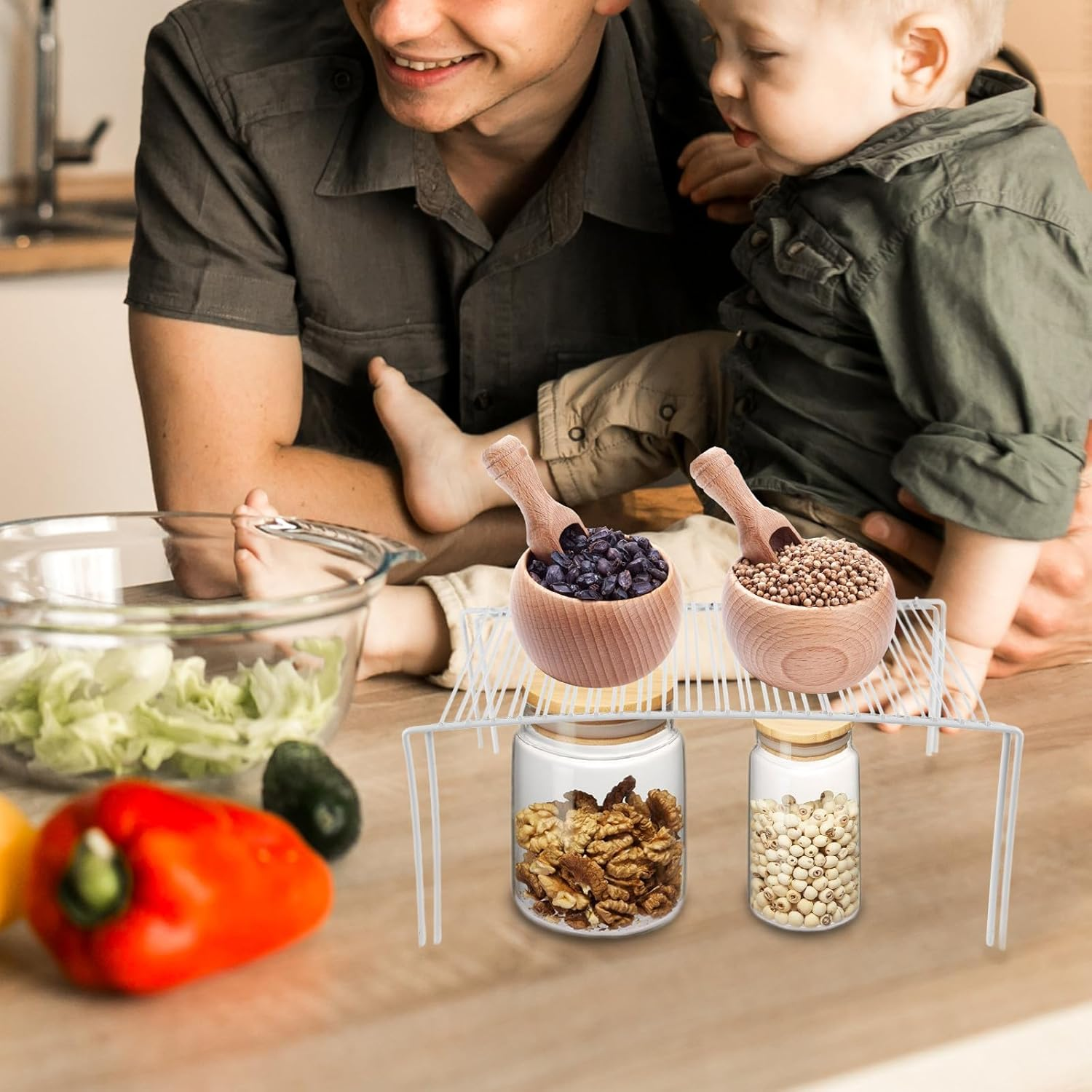 VOSAREA Expandable White Metal Kitchen Spice Rack, Retractable Wire Shelf Organizer for Cabinet and Countertop Storage, Telescopic Kitchen Cabinet Shelf for Seasoning and Utensils image number 6