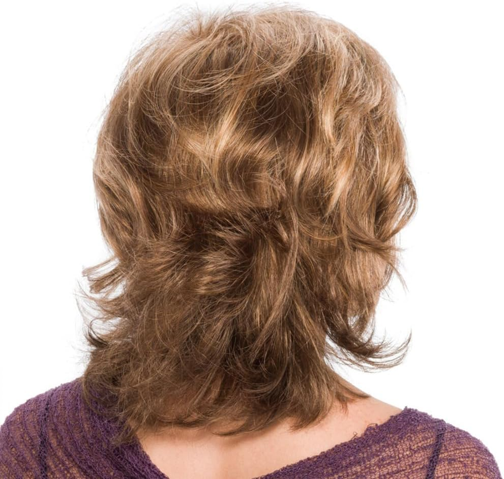 AUBWIG Brown Mixed Light Blonde Medium Length Hair Wig Synthetic Fluffy Natural Curly Wig with Fringe for Women Daily Wear (Brown Mixed Light Blonde #02B) image number 2