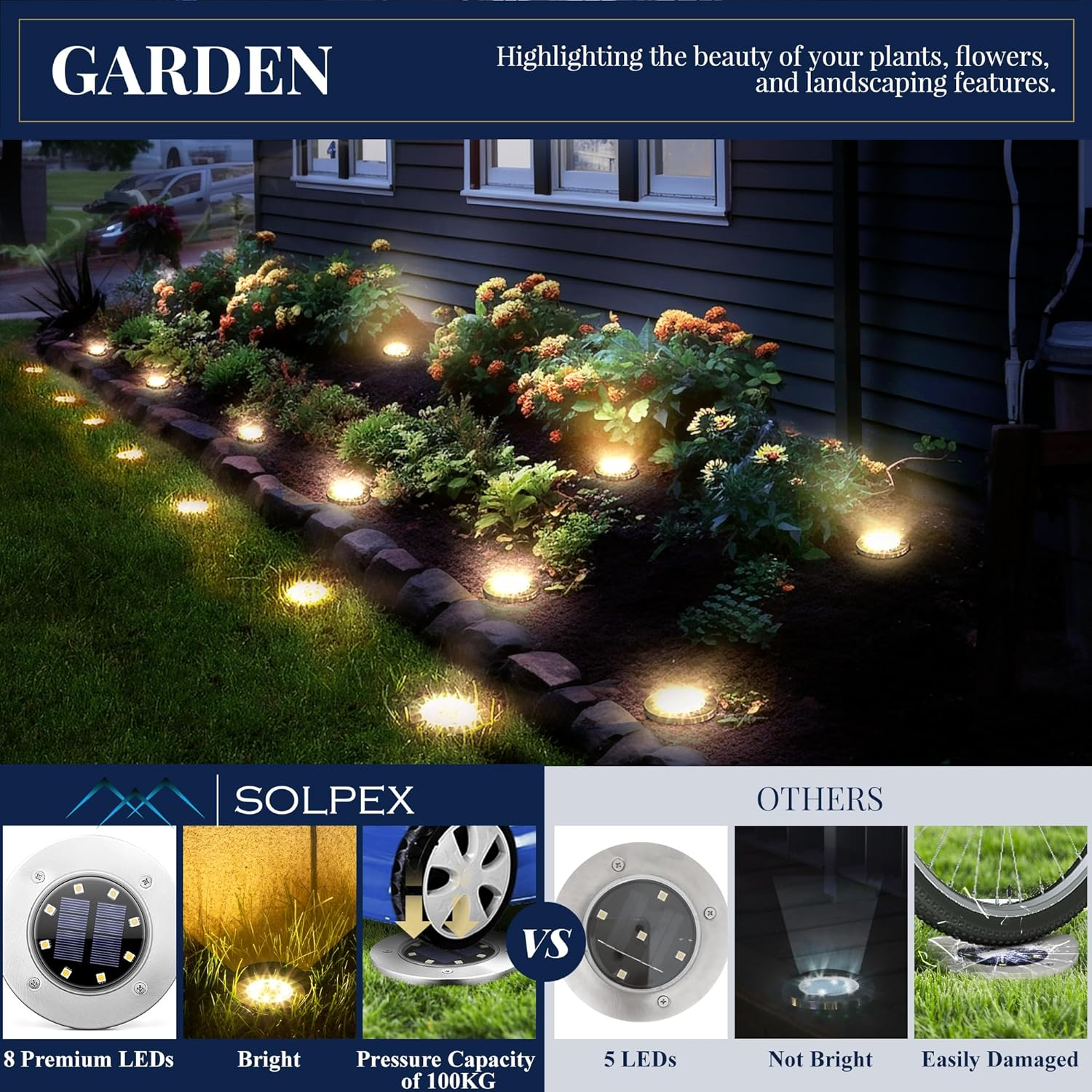 Solar Ground Lights, 12 Pack Solar Lights Outdoor Waterproof, 8 LED Solar Powered Landscape Lighting for Garden Yard Patio Driveway Pathway Walkway (Warm White) - Cold White image number 3