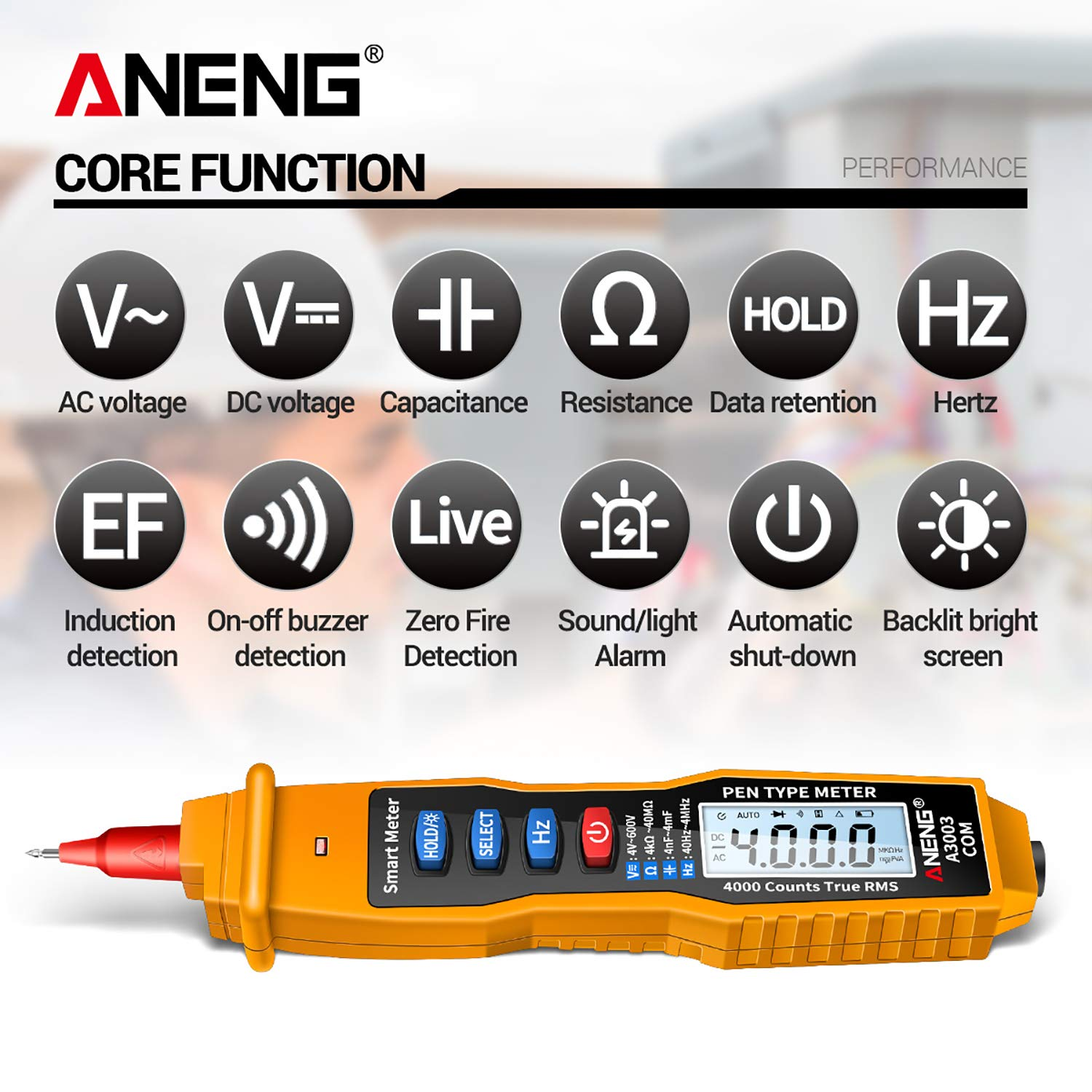 Digital Pen Multimeter NCV AC/DC Voltmeter Ohmmeter Resistance Capacitance Frequanecy Live Line Test Handheld 4000 Counts LCD Backlight Tester with Data Hold and Flashlight Yellow image number 2