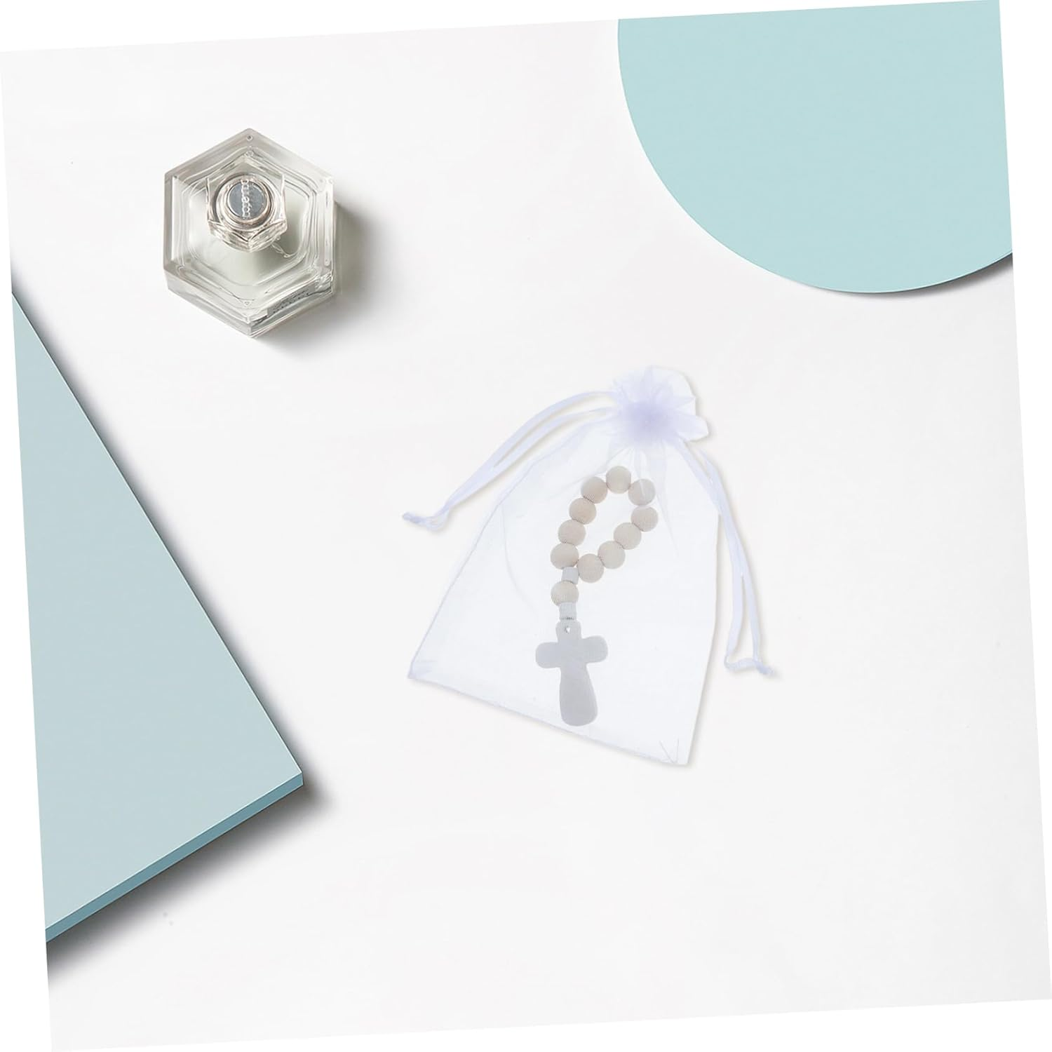 Jojofuny 40Sets Wooden Rosary Beads Mesh Bags for Baptism Religious Prayer Favors Small Rosary Cross Charms