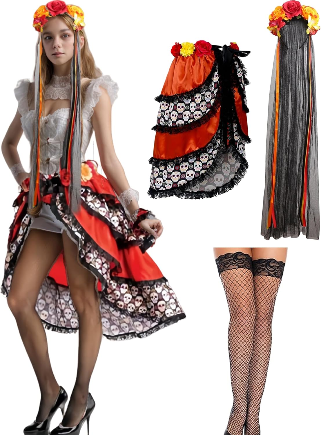 Day of the Dead Costume Adult Halloween Costumes for Women with Flower Headpiece and Fishnet Stocking image number 6