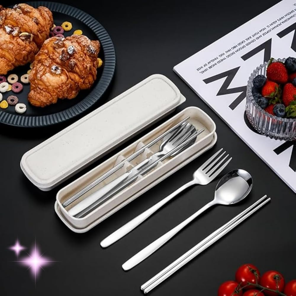 Jindizi 2 Set Portable Cutlery Set with Case Include Fork Spoon Chopsticks, Portable Travel Utensil Set, Reusable Stainless Steel Camping Utensils Set, Lunch Cutlery Set for Work School (Silver+Black) image number 2