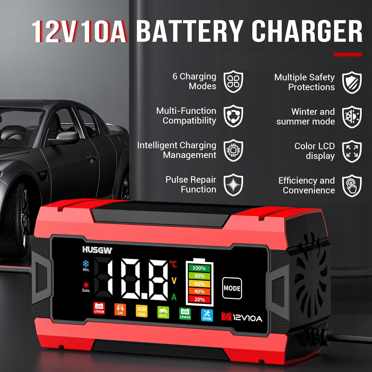 10-Amp Car Battery Charger, 12V/10A Smart Battery Charger Automotive Battery Maintainer with Pulse Repair, Trickle Charger for Car Truck Motorcycle Lawn Mower Boat (Red,Black) image number 3